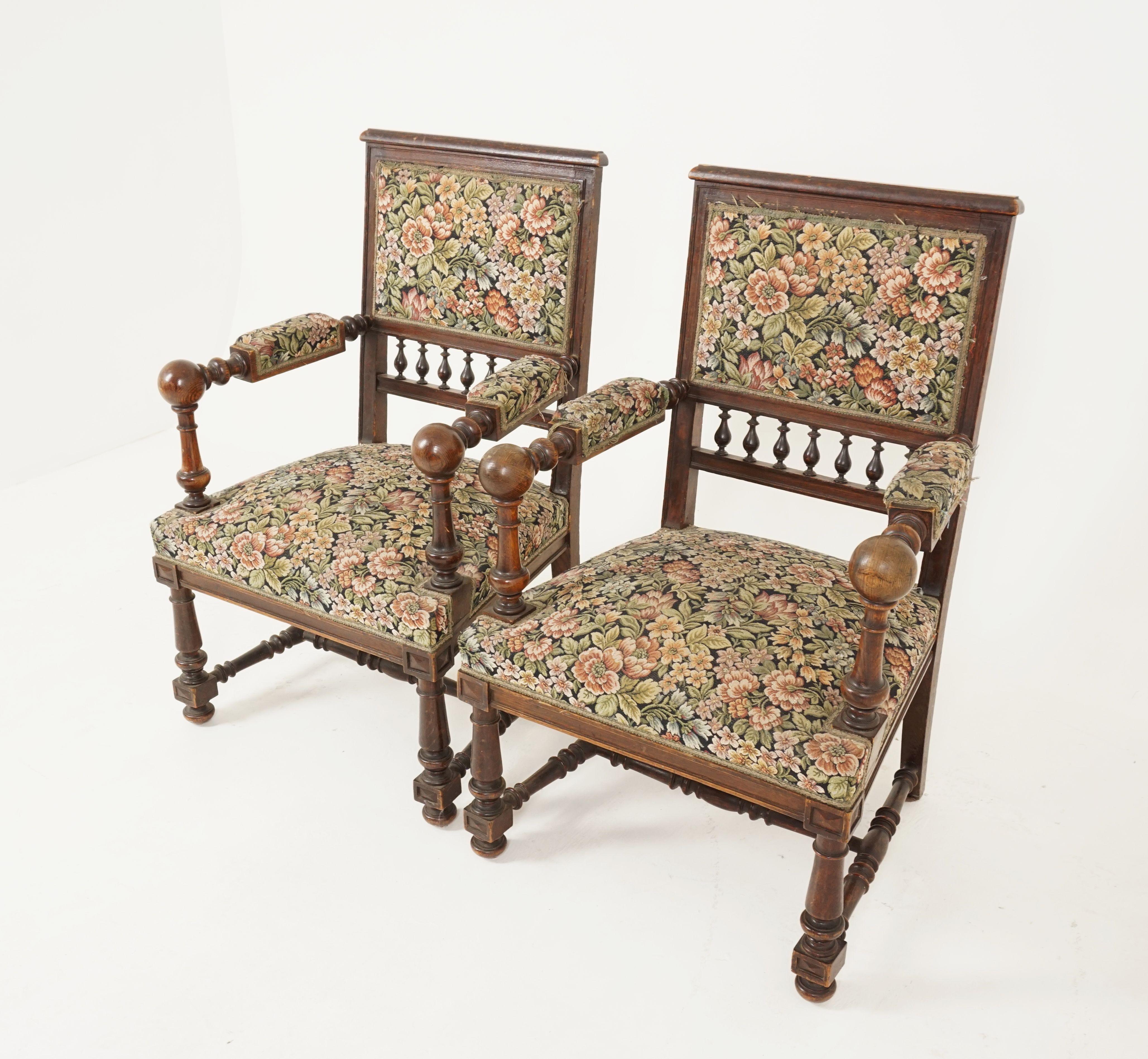 Antique pair of arm chairs, carved oak, upholstered chairs, Scotland 1900, B2523

Scotland 1900
Solid oak
Original finish
Oak framed back with upholstered back and seat
Open back with spindles
Carved arms with padded rests and turned