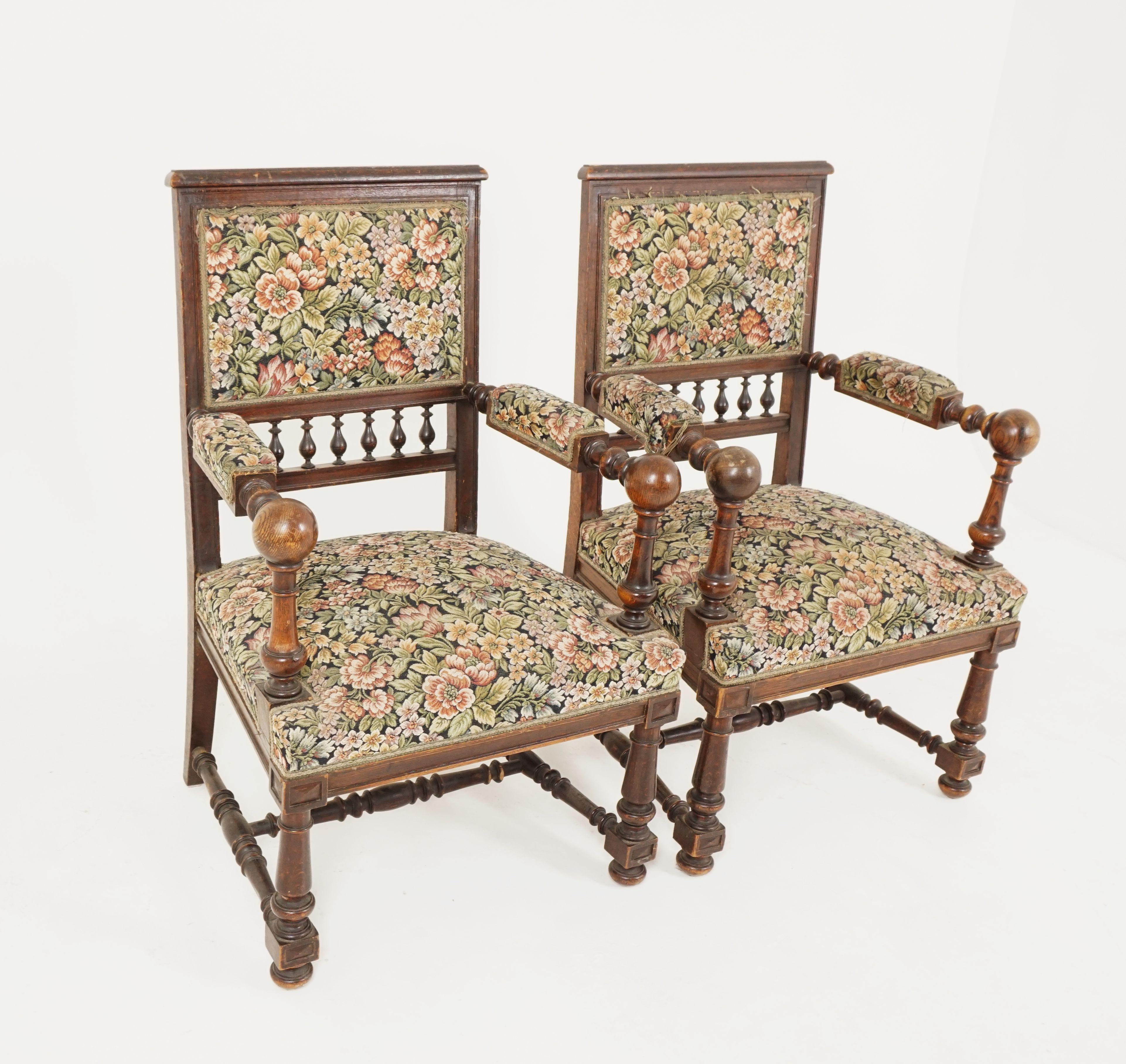 Scottish Antique Pair of Arm Chairs, Carved Oak, Upholstered Chairs, Scotland 1900, B2523