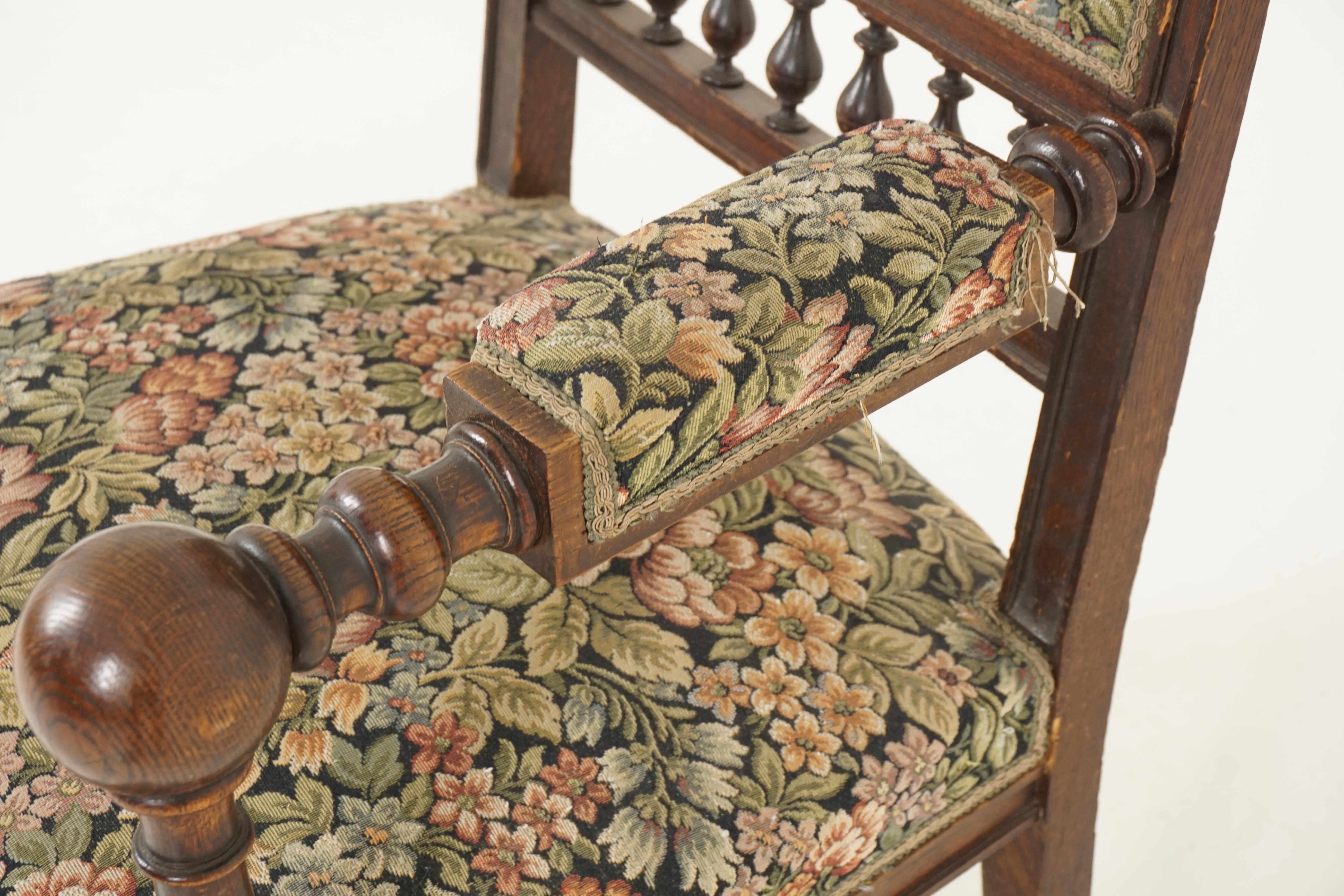 Early 20th Century Antique Pair of Arm Chairs, Carved Oak, Upholstered Chairs, Scotland 1900, B2523