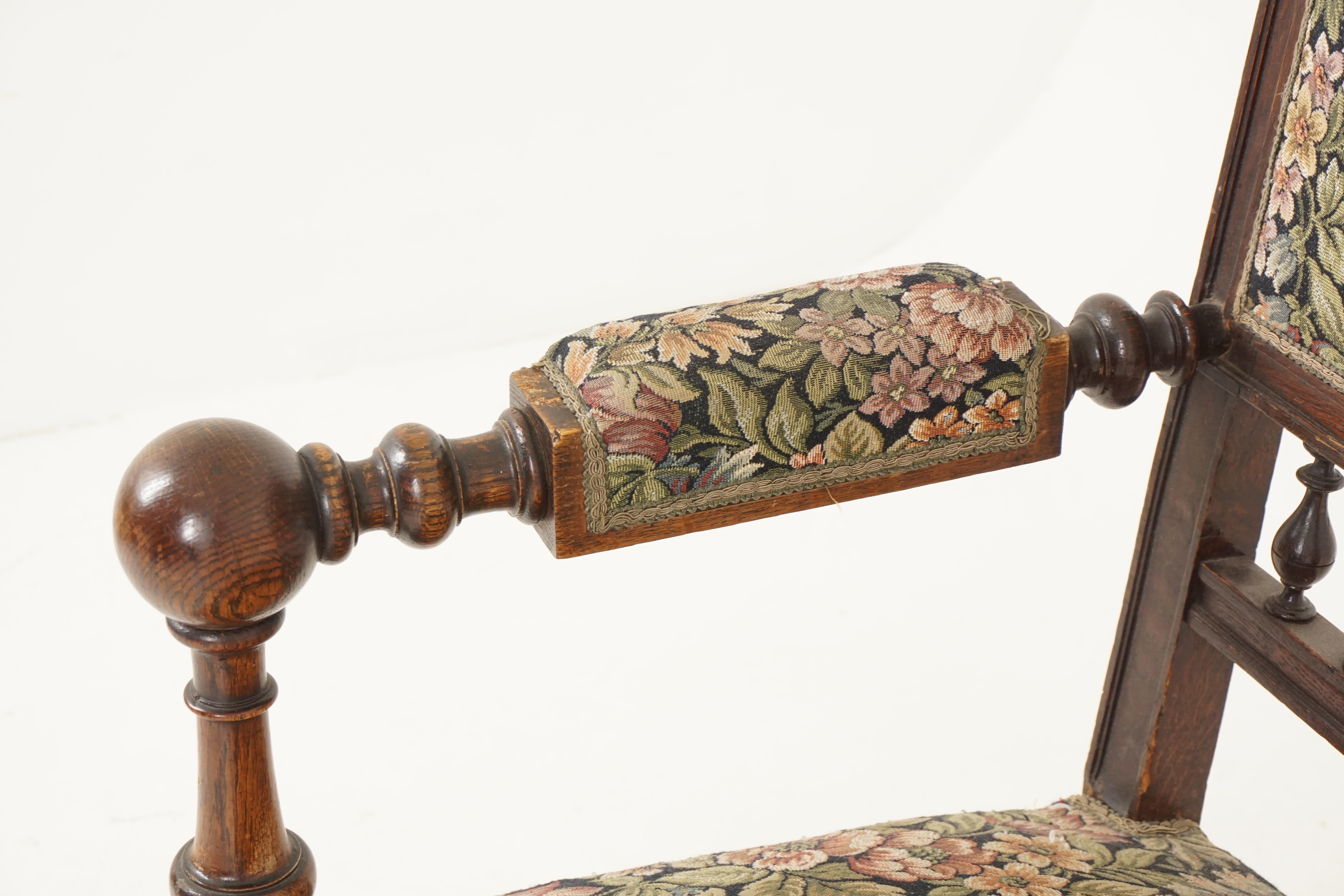 Antique Pair of Arm Chairs, Carved Oak, Upholstered Chairs, Scotland 1900, B2523 1
