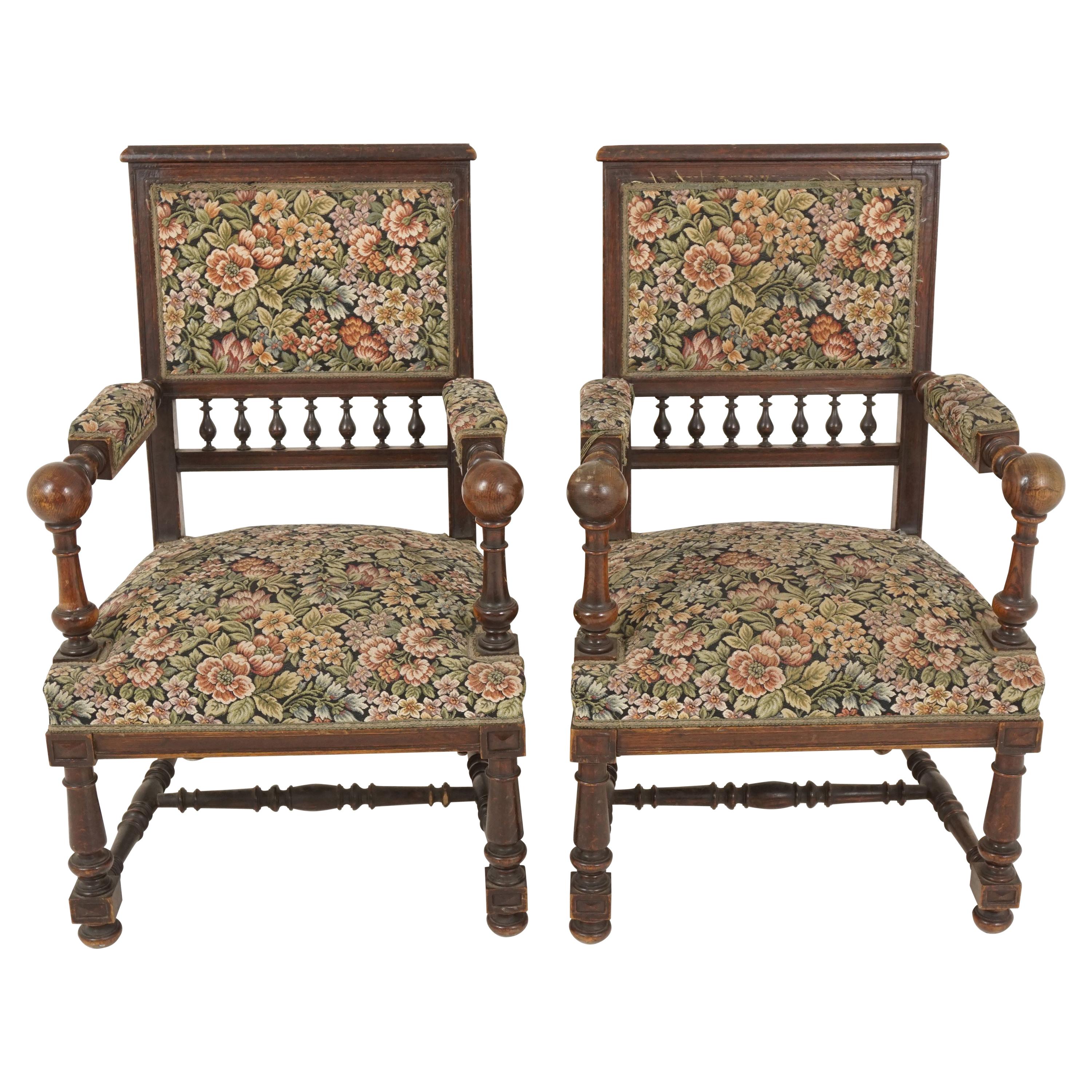Antique Pair of Arm Chairs, Carved Oak, Upholstered Chairs, Scotland 1900, B2523