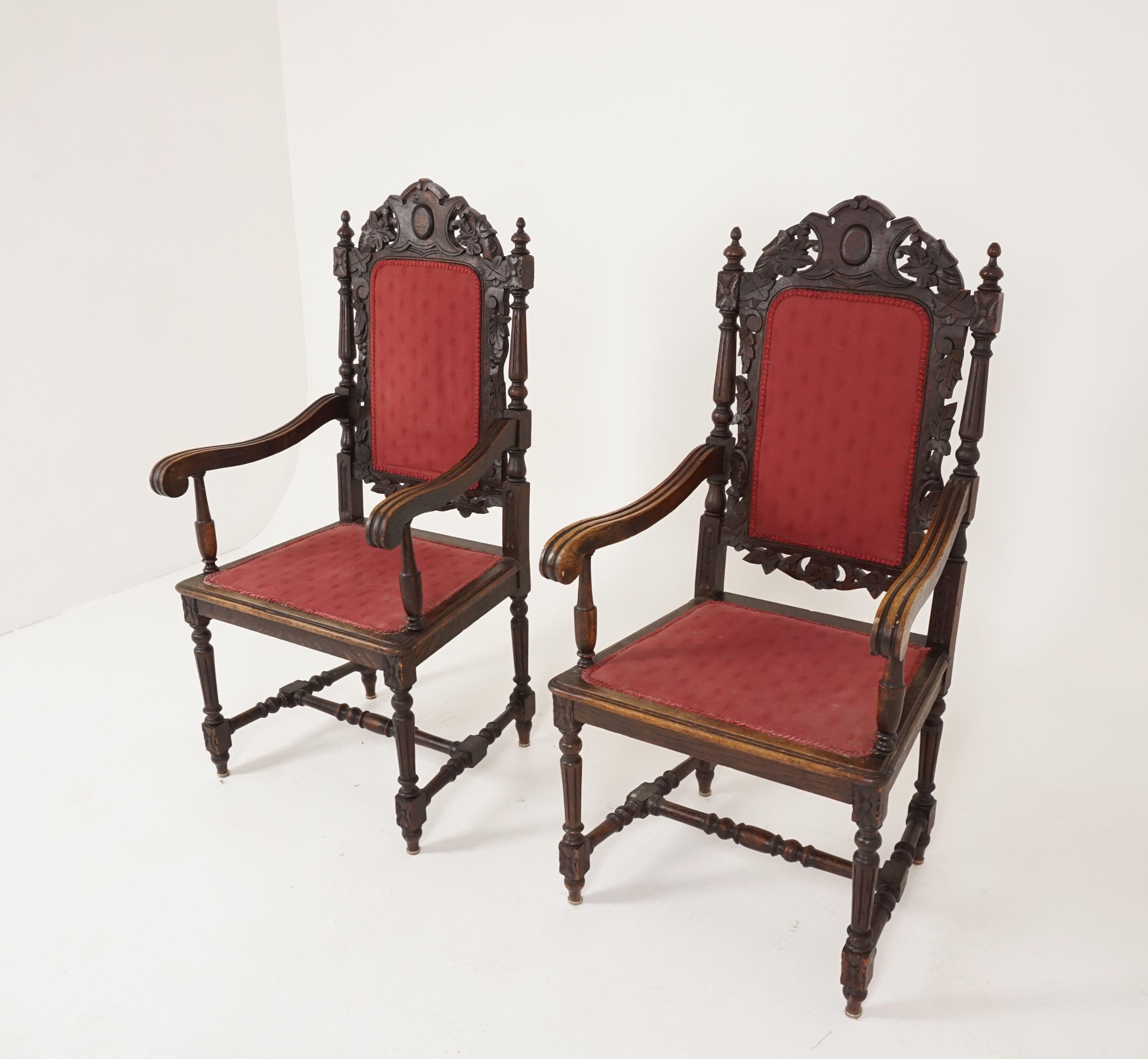 Antique pair of arm chairs, ornately hand carved oak, throne chairs, Scotland 1880, B2415

Scotland, 1880
Solid oak
Original finish
Carved top rail
With stylish uprights
Upholstered center splat and open fretwork on the back
Stylized shaped