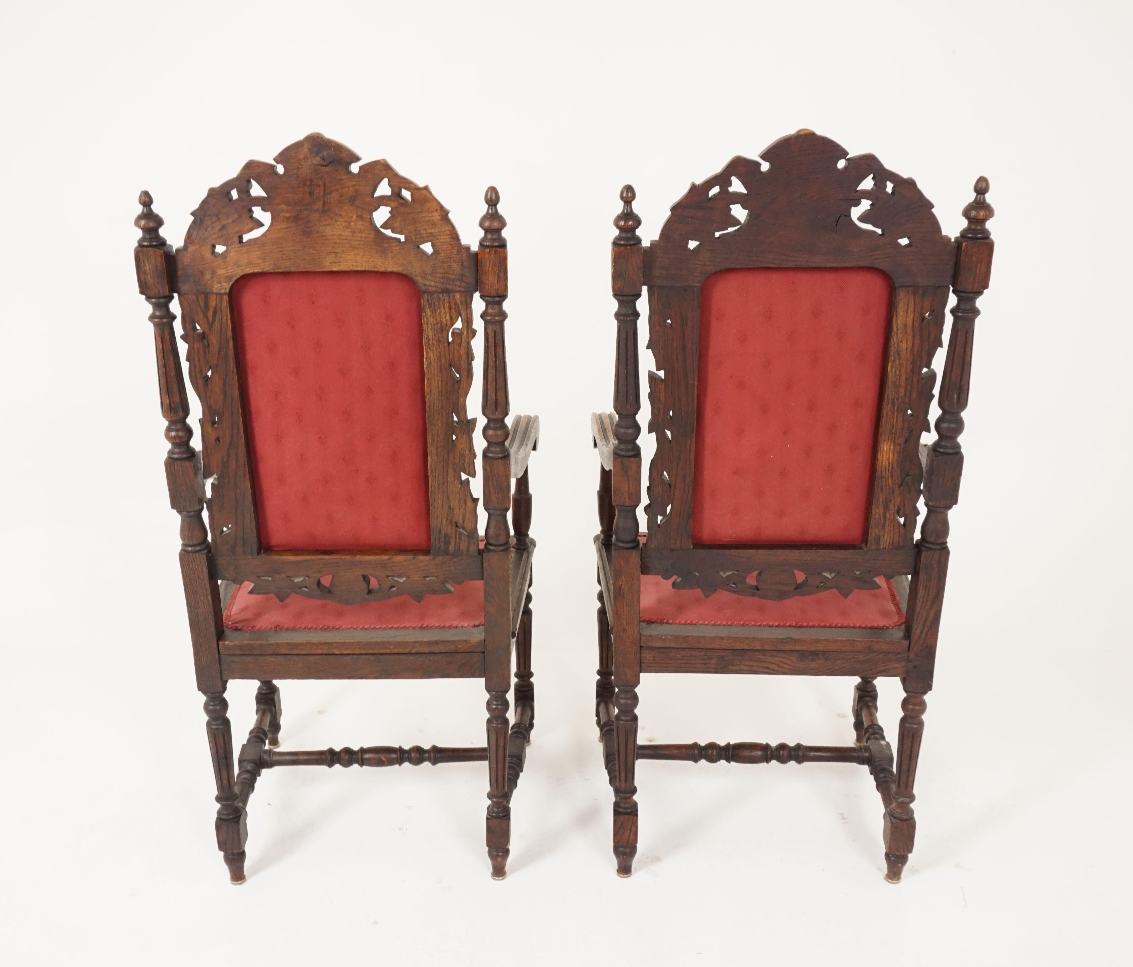 Late 19th Century Antique Pair of Arm Chairs, Hand Carved Oak, Throne Chairs, Scotland 1880, B2415