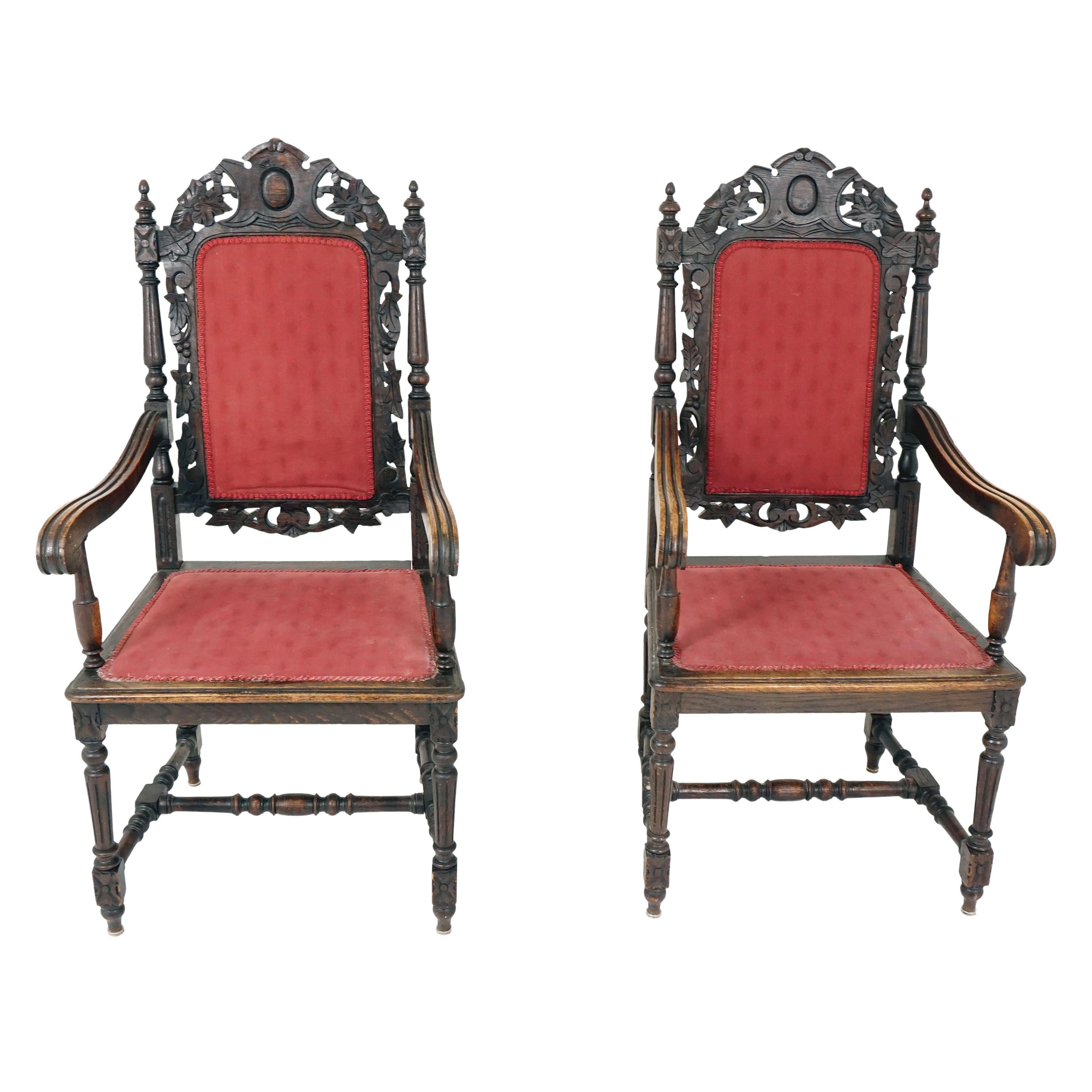 Antique Pair of Arm Chairs, Hand Carved Oak, Throne Chairs, Scotland 1880, B2415