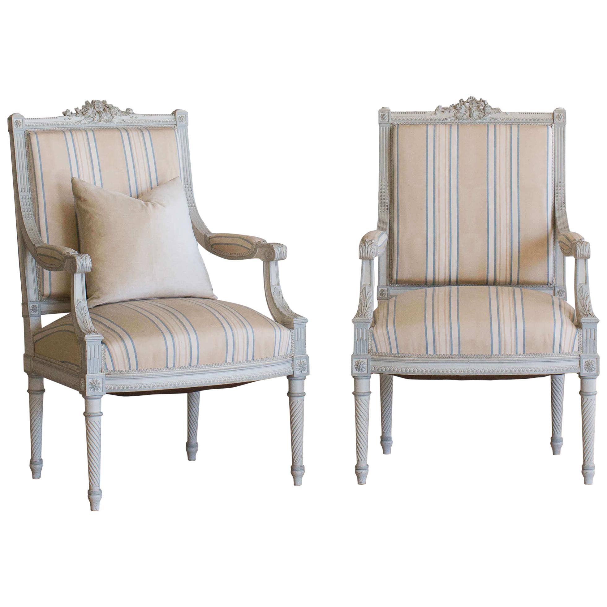 Antique Pair of Armchairs in Stripe Fabric For Sale