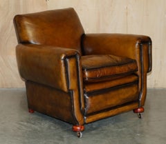 ANTIQUE PAIR OF ART DECO 1920 FULLY RESTORED CiGAR BROWN LEATHER CLUB ARMCHAIRS