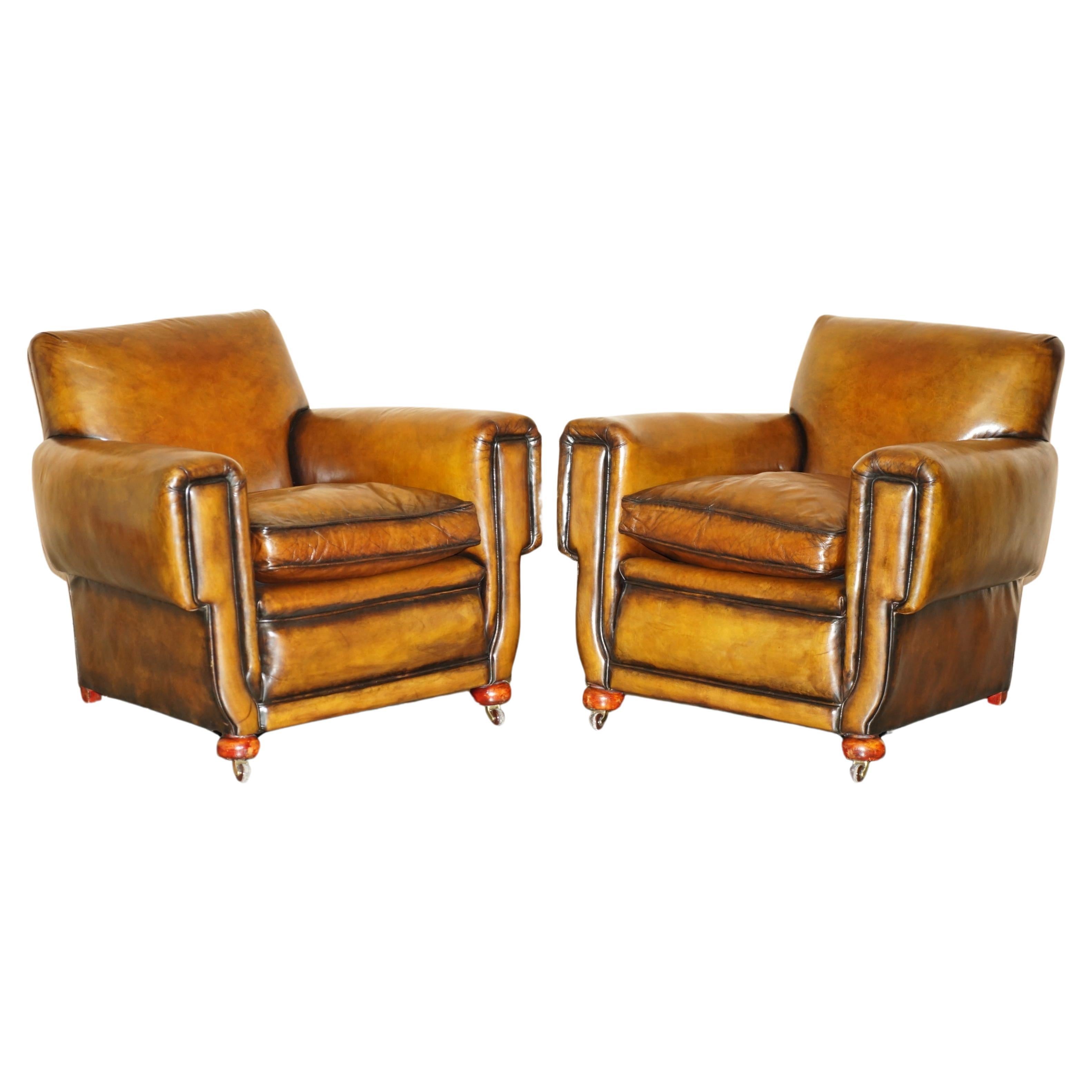ANTIQUE PAIR OF ART DECO 1920 FULLY RESTORED CiGAR BROWN LEATHER CLUB ARMCHAIRS