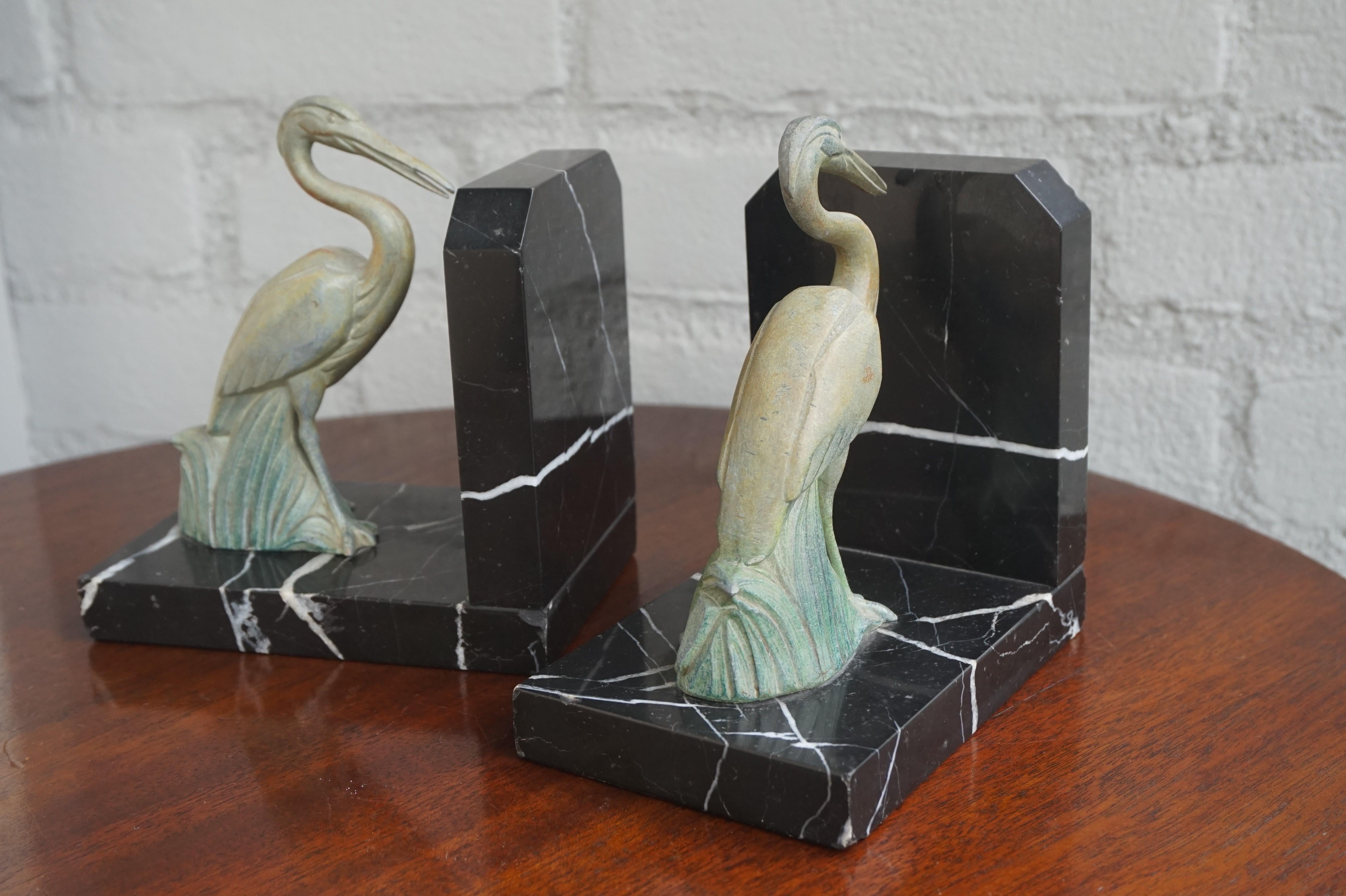 Antique Pair of Art Deco Bookends with Max Le Verrier Style Stork Sculptures 4