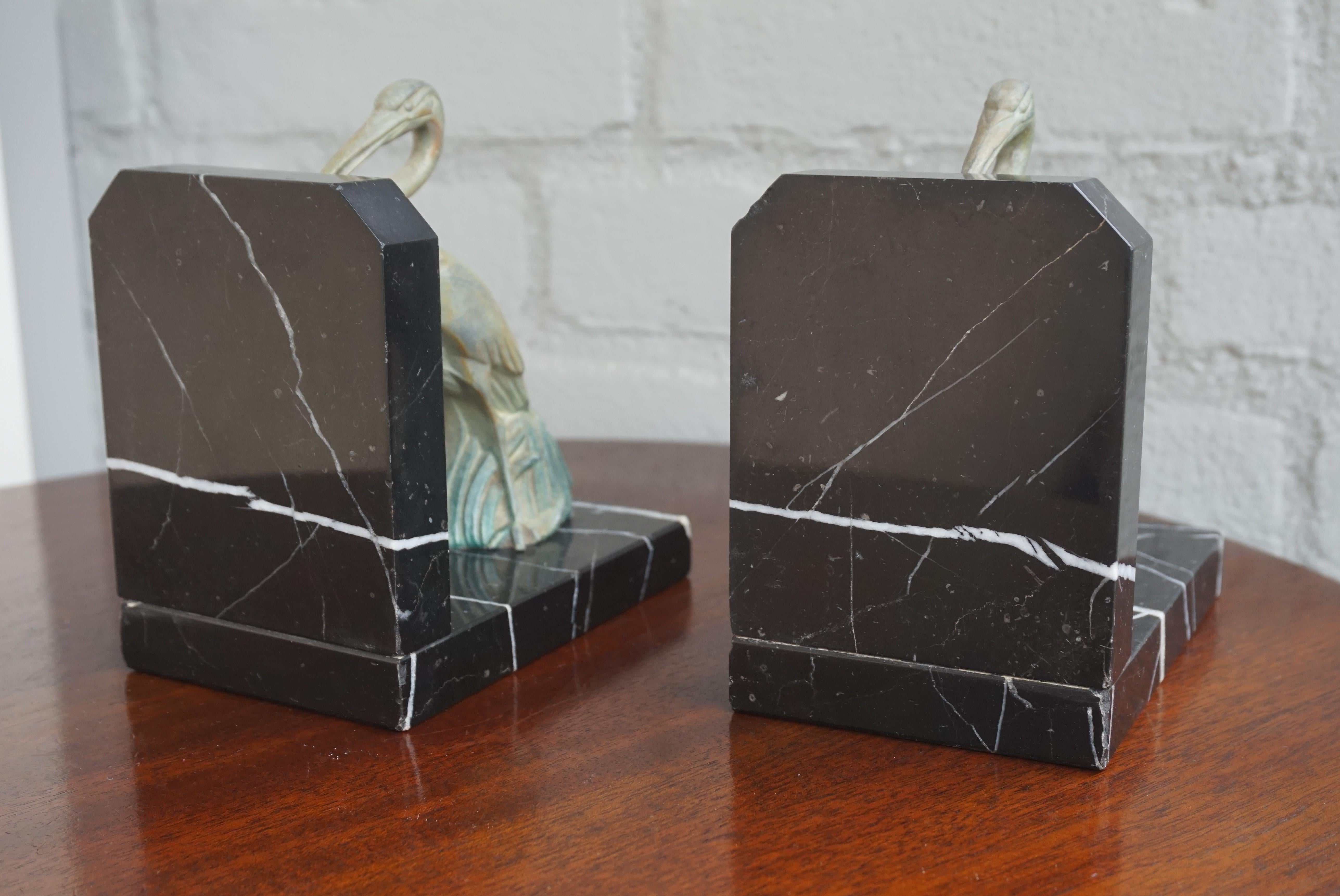 Antique Pair of Art Deco Bookends with Max Le Verrier Style Stork Sculptures 5