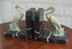 Antique Pair of Art Deco Bookends with Max Le Verrier Style Stork Sculptures