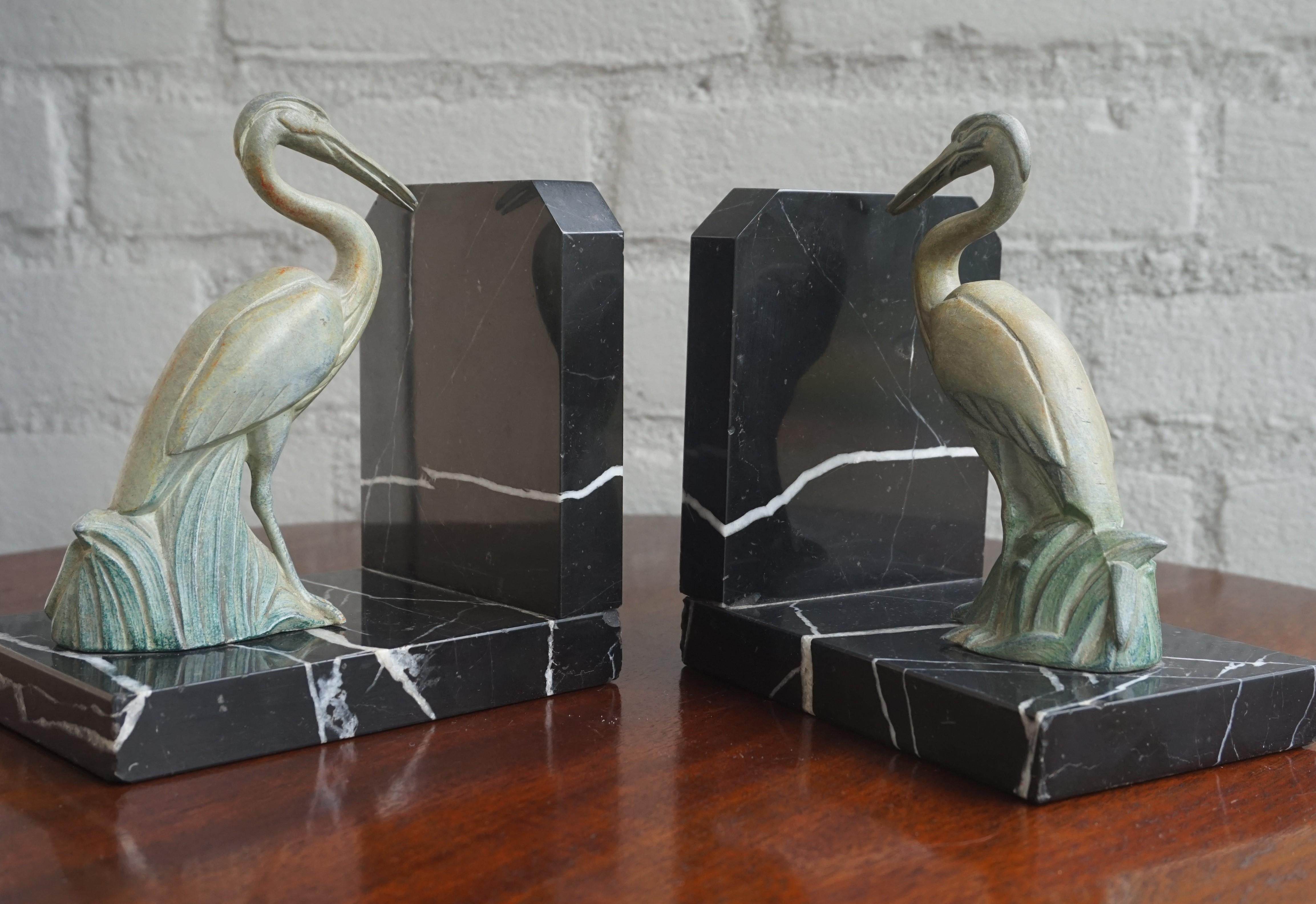 European Antique Pair of Art Deco Bookends with Max Le Verrier Style Stork Sculptures