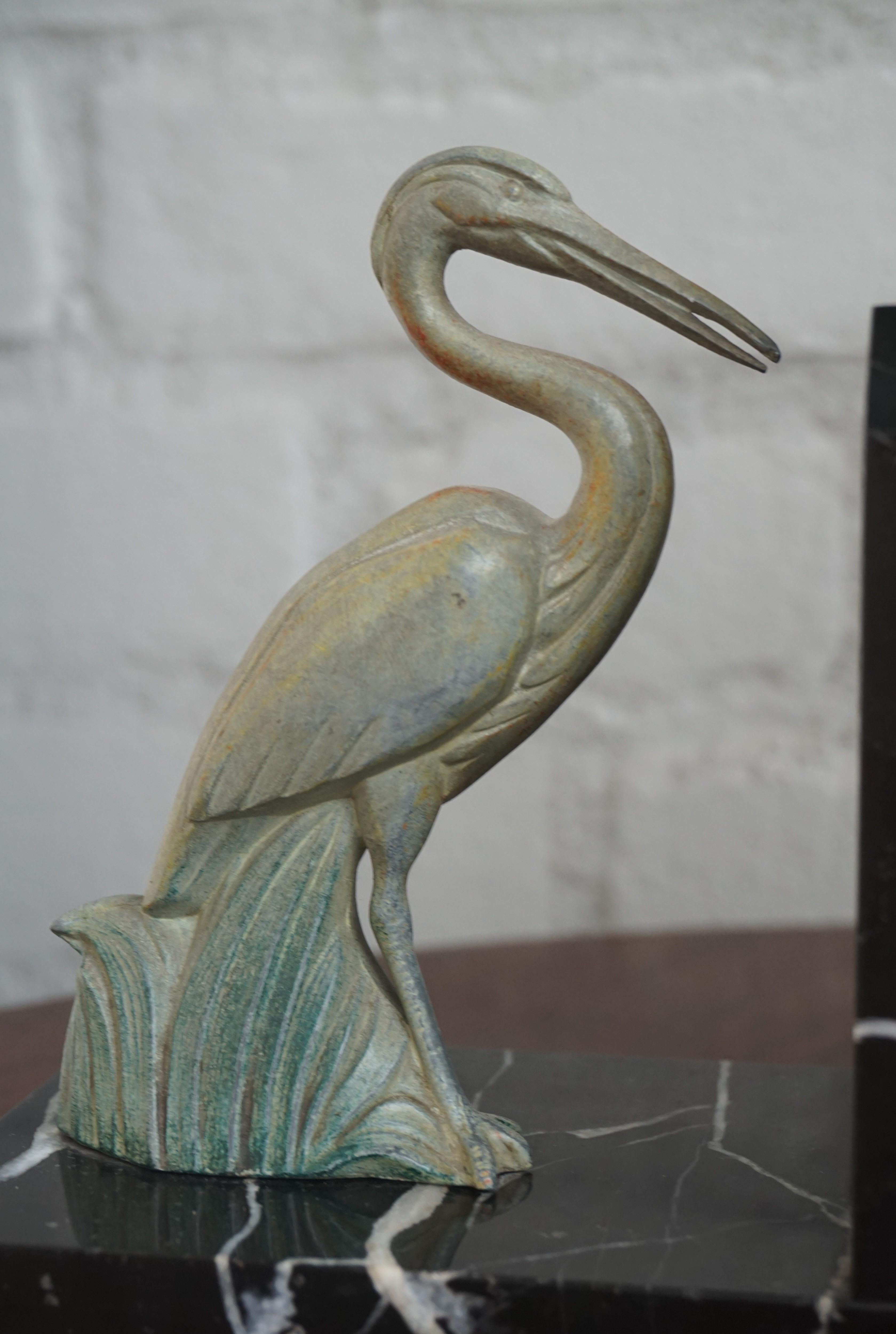 Antique Pair of Art Deco Bookends with Max Le Verrier Style Stork Sculptures In Good Condition In Lisse, NL