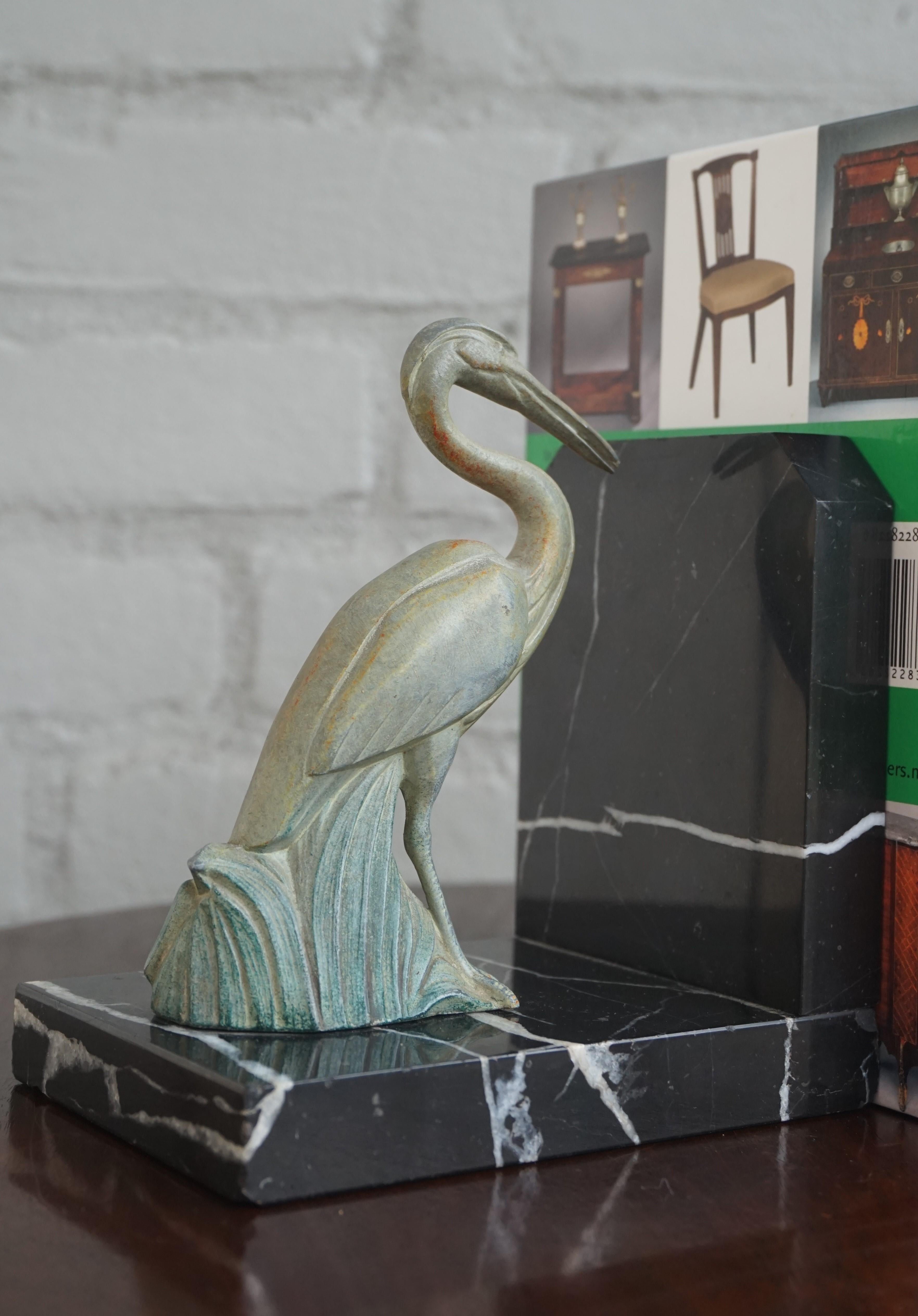 20th Century Antique Pair of Art Deco Bookends with Max Le Verrier Style Stork Sculptures