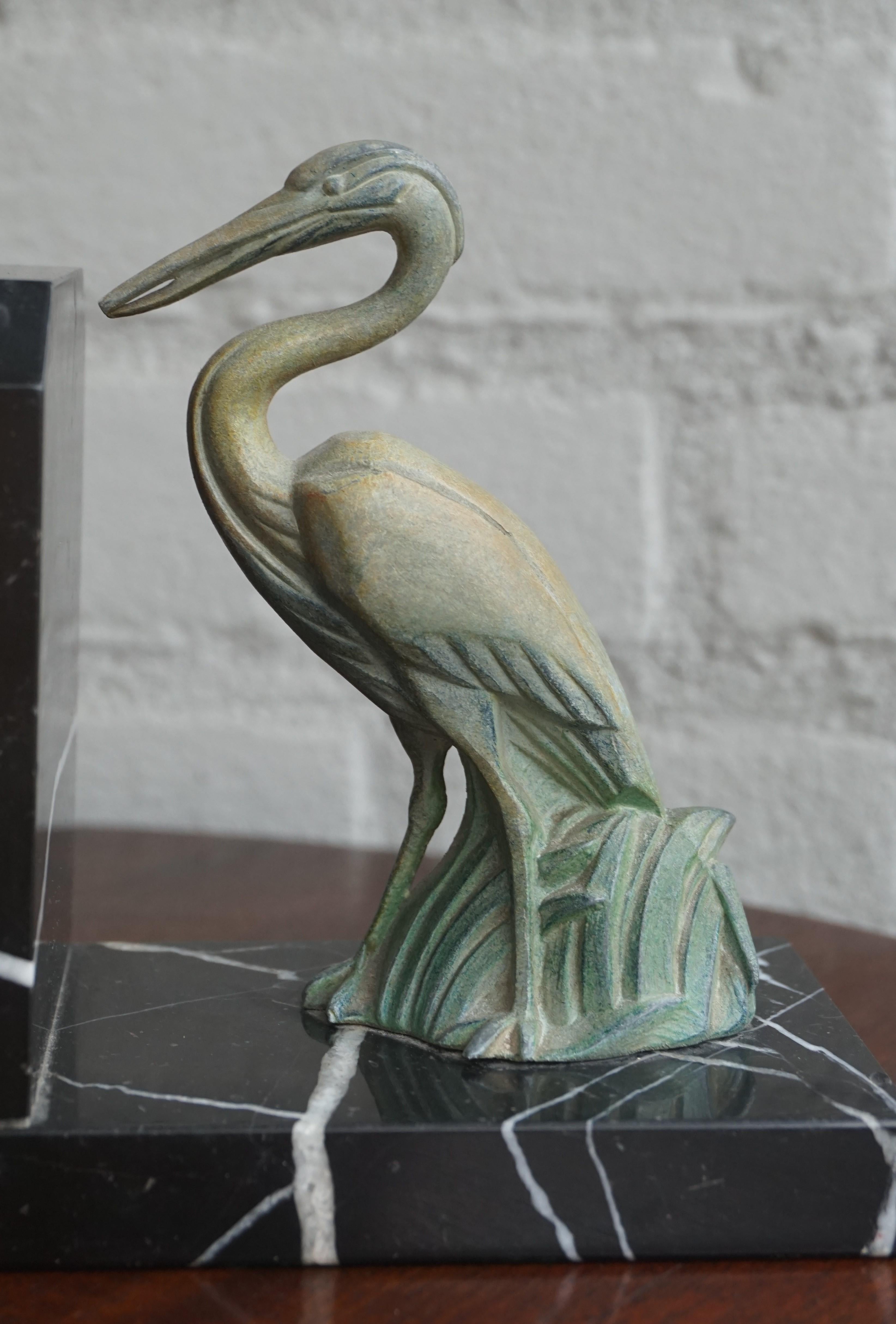 Antique Pair of Art Deco Bookends with Max Le Verrier Style Stork Sculptures 2
