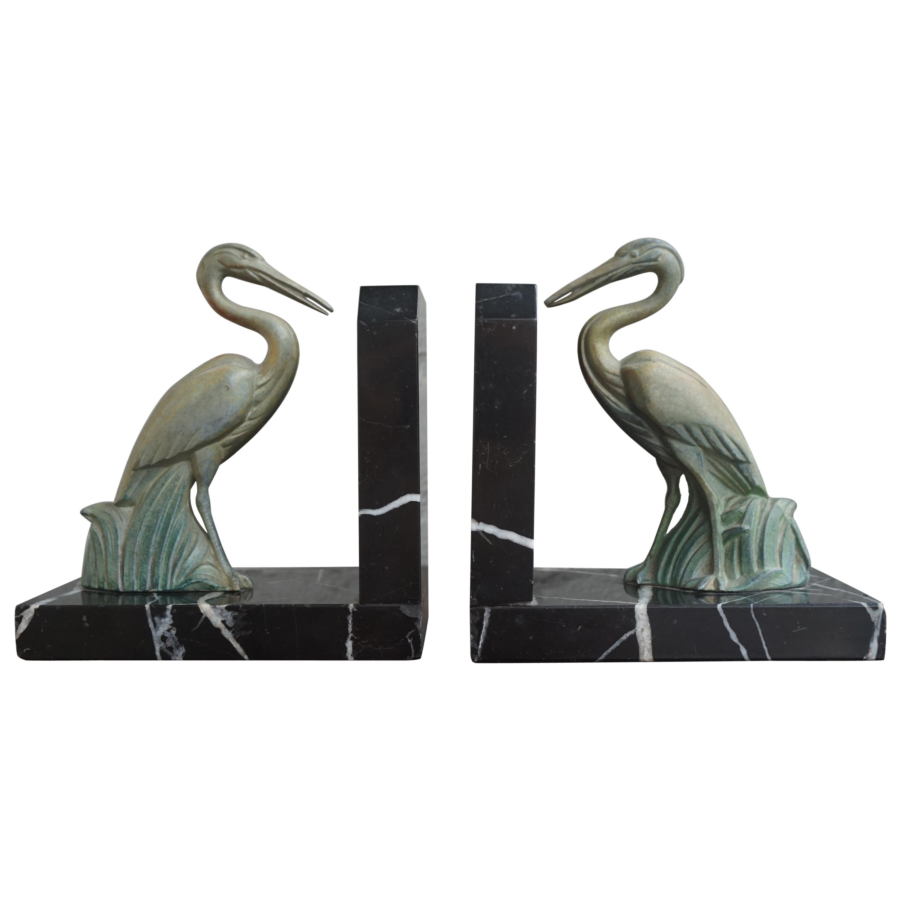 Antique Pair of Art Deco Bookends with Max Le Verrier Style Stork