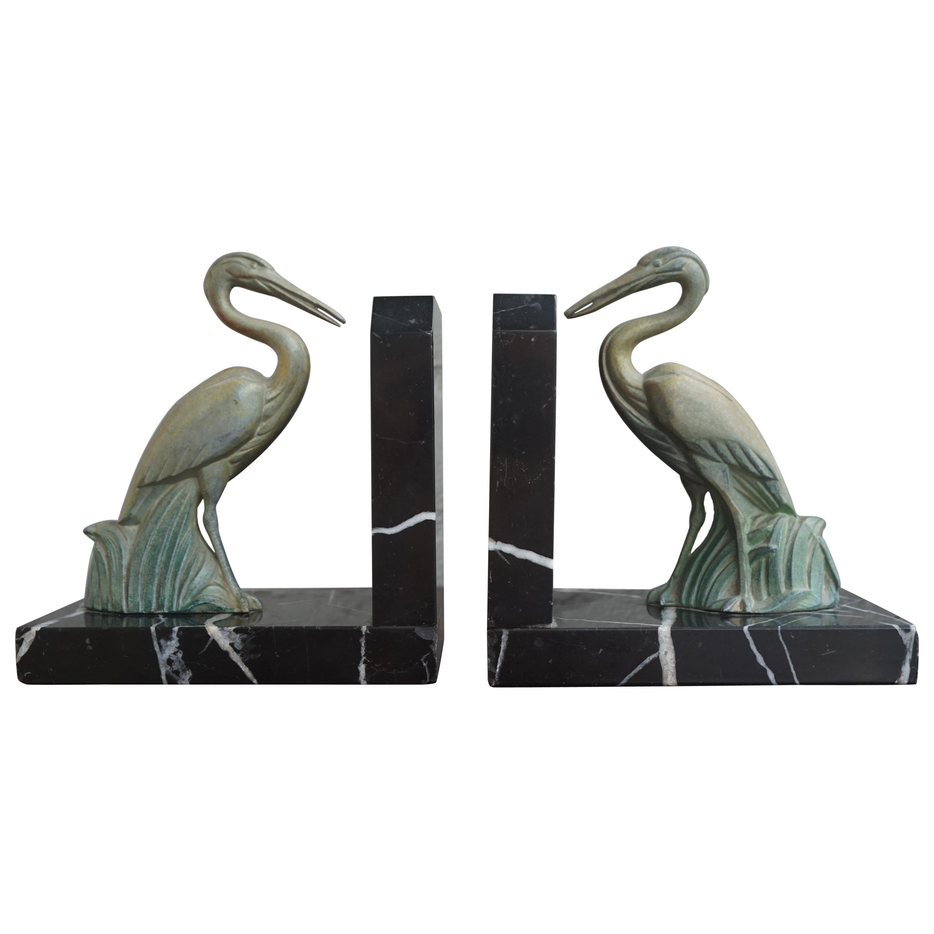 Antique Pair of Art Deco Bookends with Max Le Verrier Style Stork Sculptures