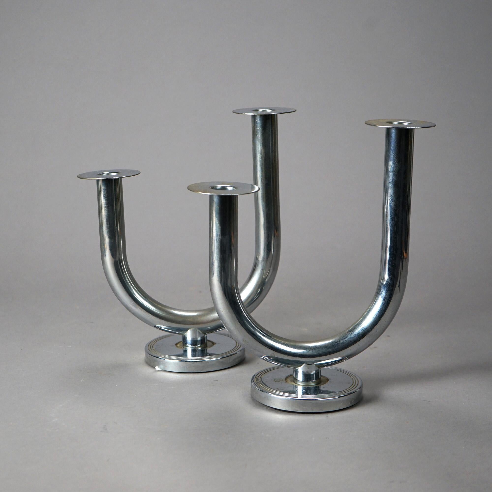 Antique Pair of Art Deco Chrome Candlesticks, Stylized U-Form, Circa 1930 In Good Condition For Sale In Big Flats, NY