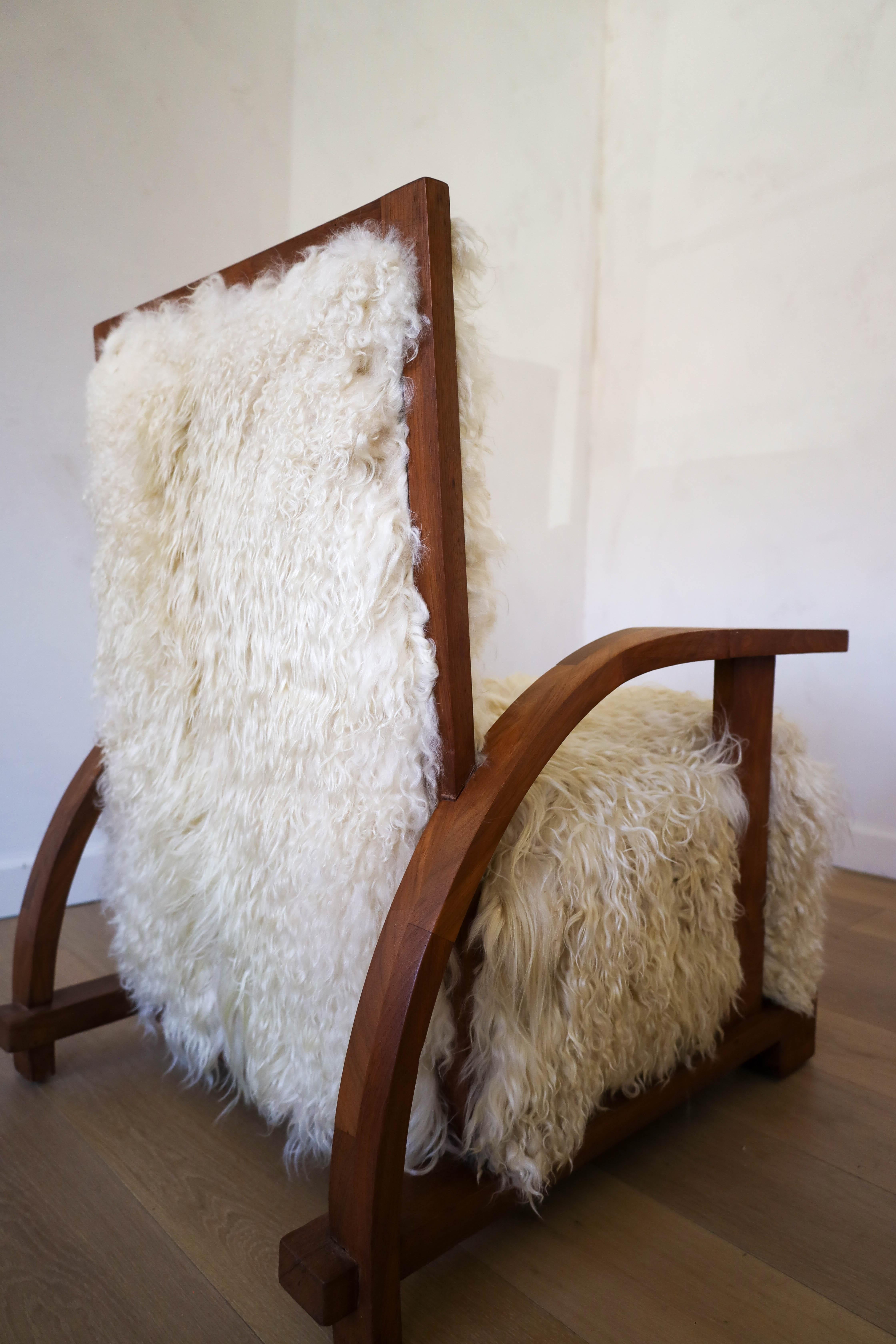 Antique Pair of Art Deco Club Chairs, reupholstered in Angora Goat, Early 1900s For Sale 6