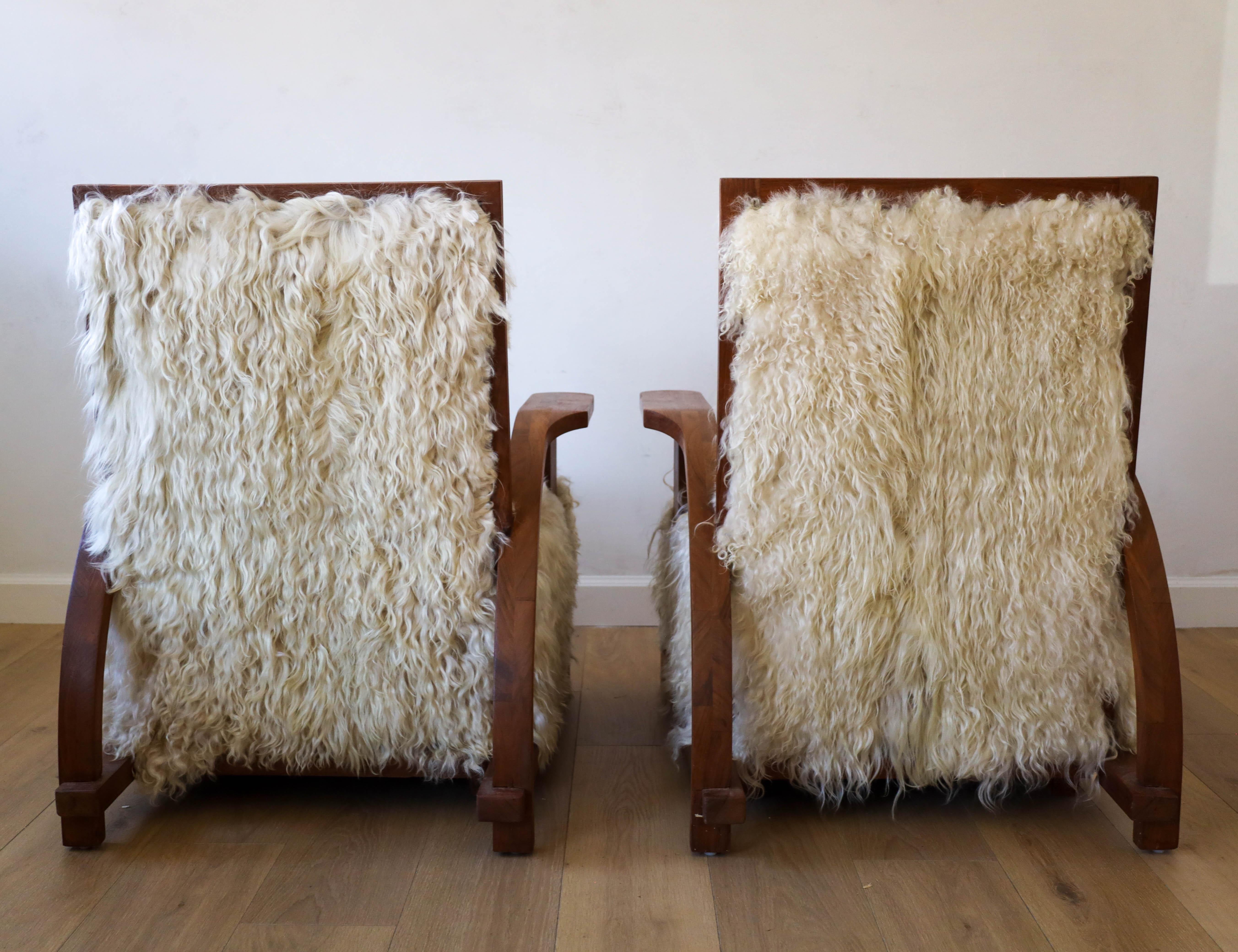 Antique Pair of Art Deco Club Chairs, reupholstered in Angora Goat, Early 1900s For Sale 2