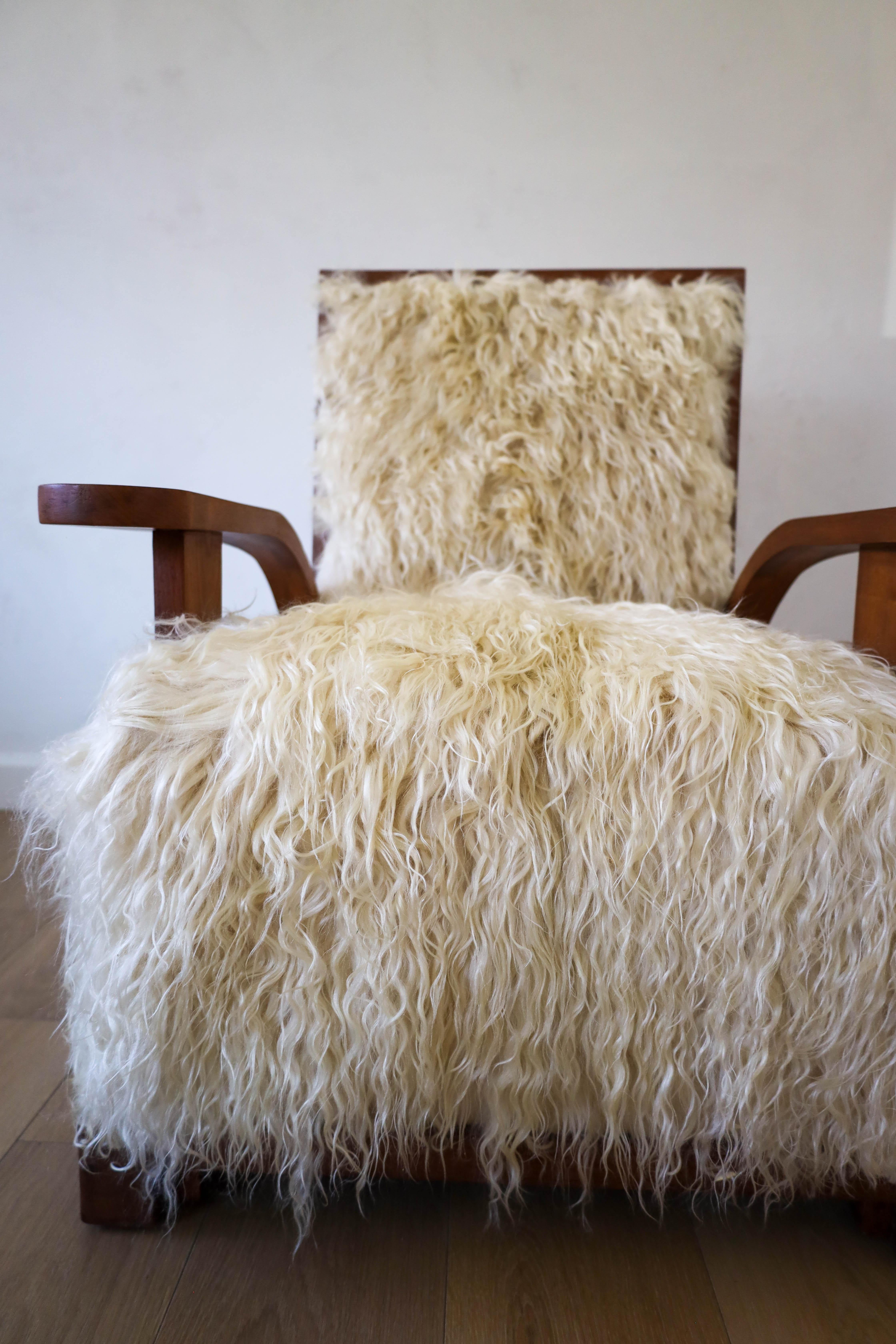 Antique Pair of Art Deco Club Chairs, reupholstered in Angora Goat, Early 1900s For Sale 5