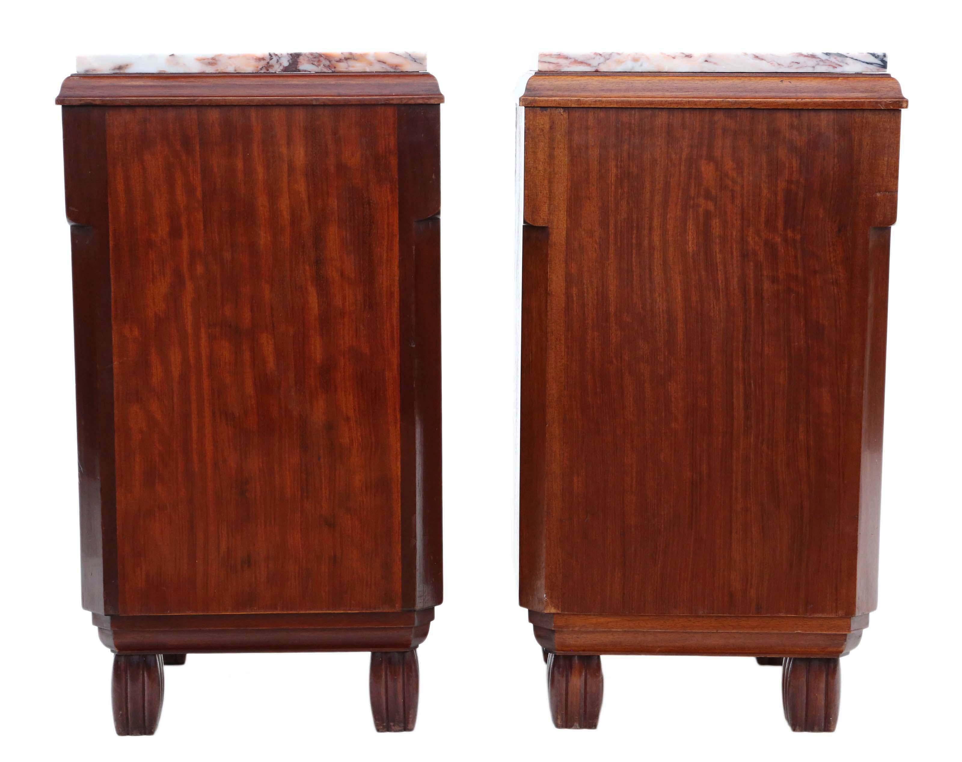 Antique Pair of Art Deco Marquetry Bedside Tables Cupboards Marble 6