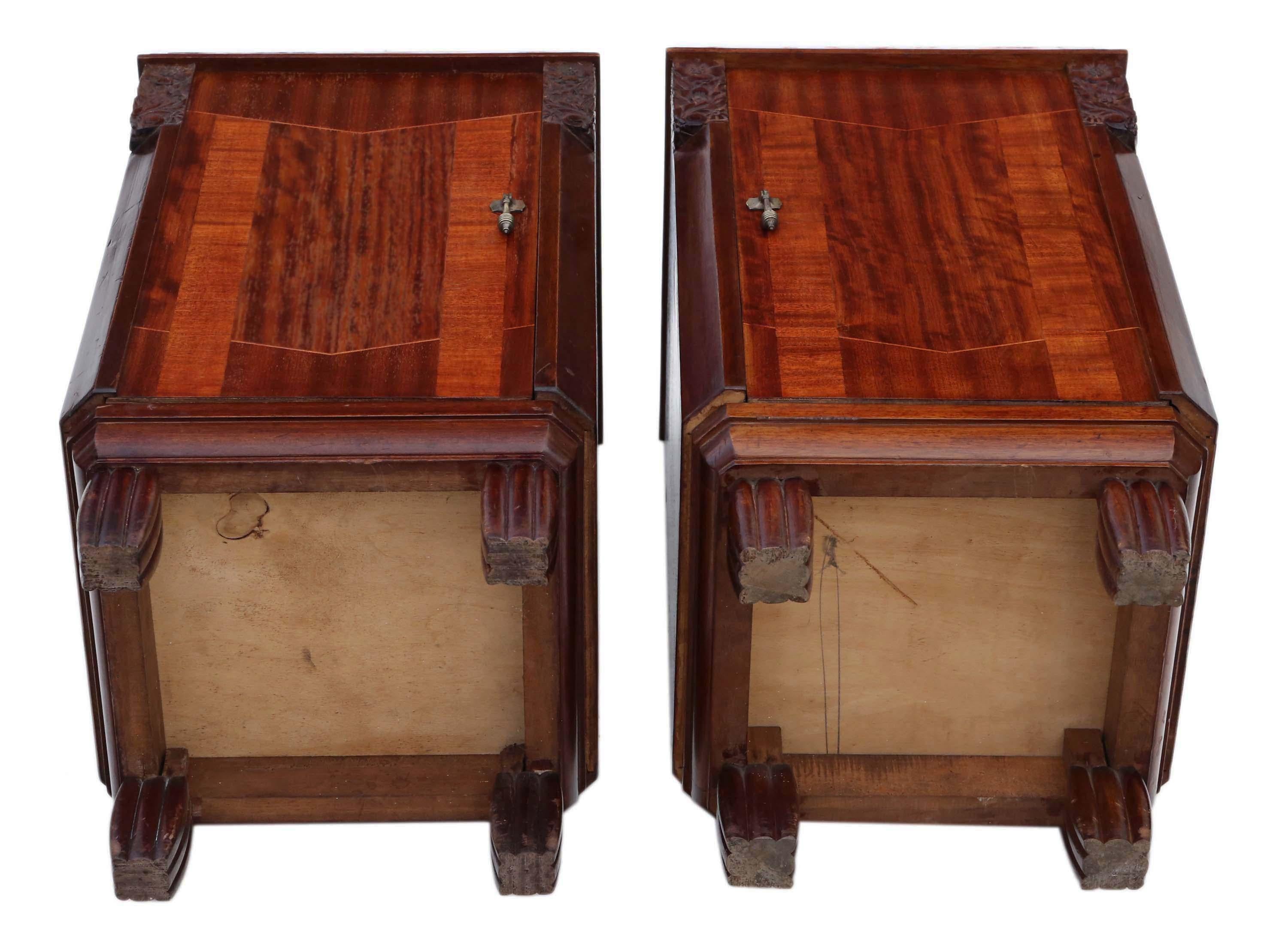 Antique Pair of Art Deco Marquetry Bedside Tables Cupboards Marble 7