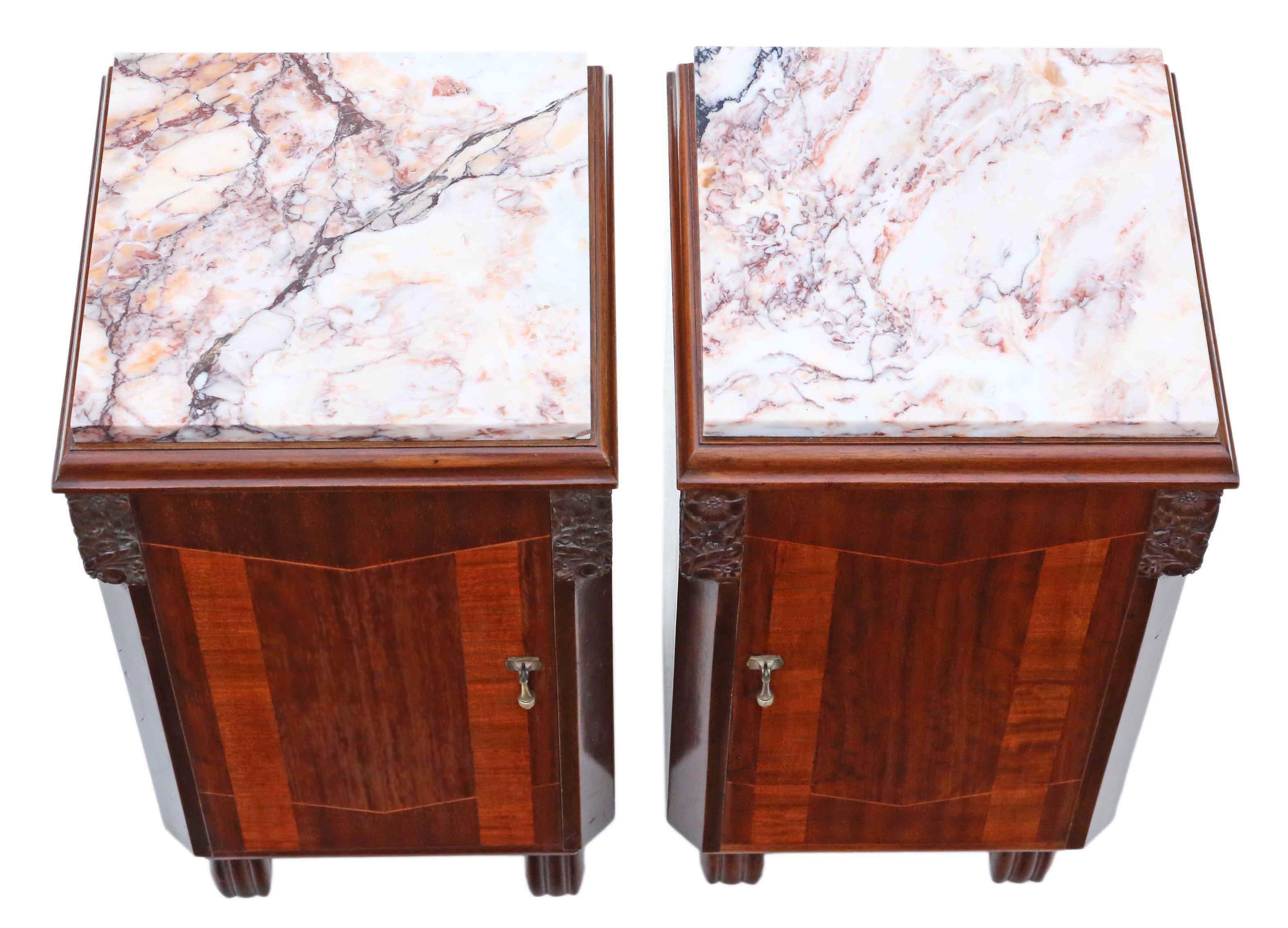 Antique fine quality pair of Art Deco marquetry bedside tables cupboards with marble tops, C1920-1930.

No loose joints and no woodworm. Working catches to the doors. Very heavy and strong.

Would look great in the right location! Attractive