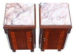 Antique Pair of Art Deco Marquetry Bedside Tables Cupboards Marble