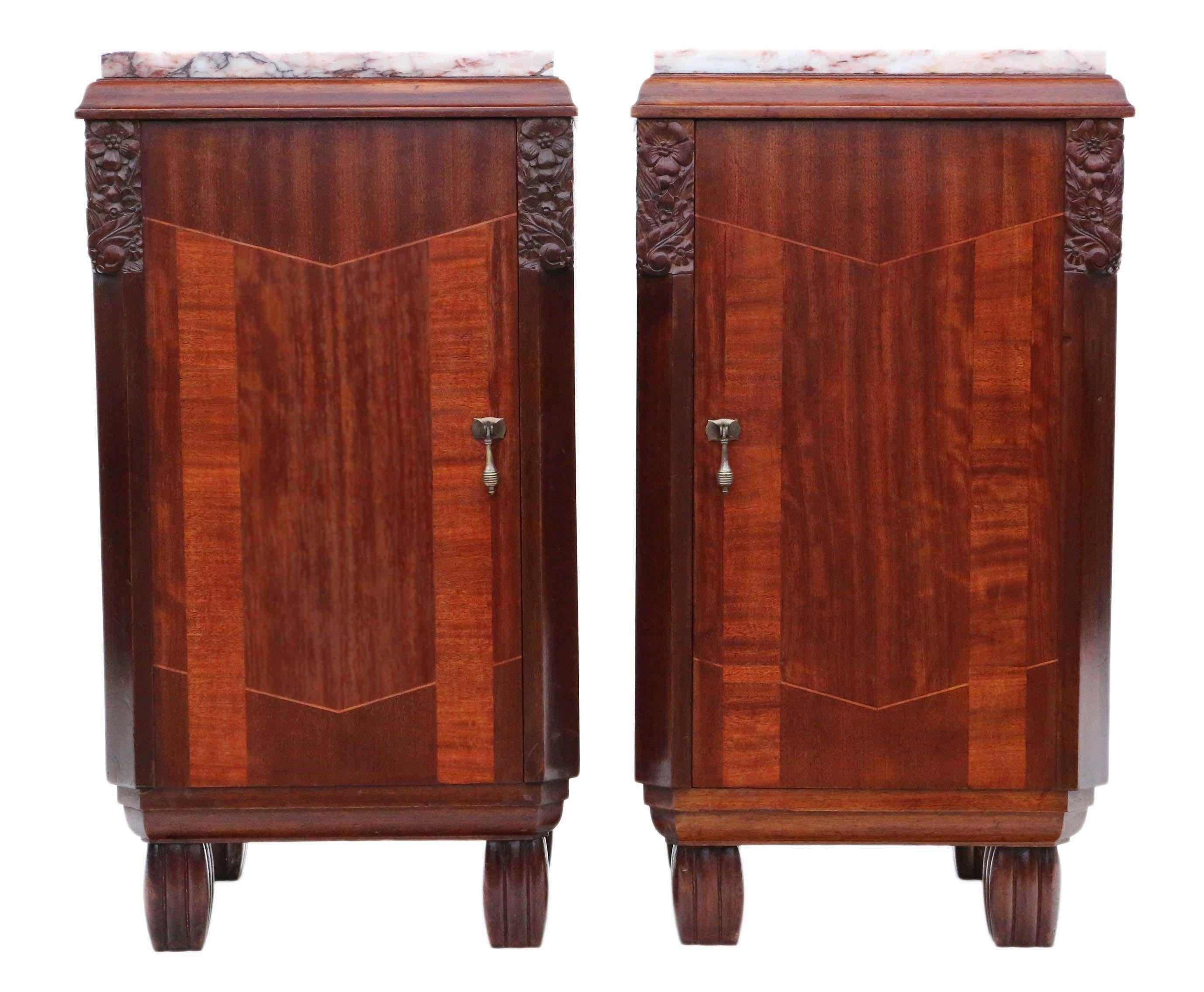 Antique Pair of Art Deco Marquetry Bedside Tables Cupboards Marble In Good Condition In Wisbech, Cambridgeshire