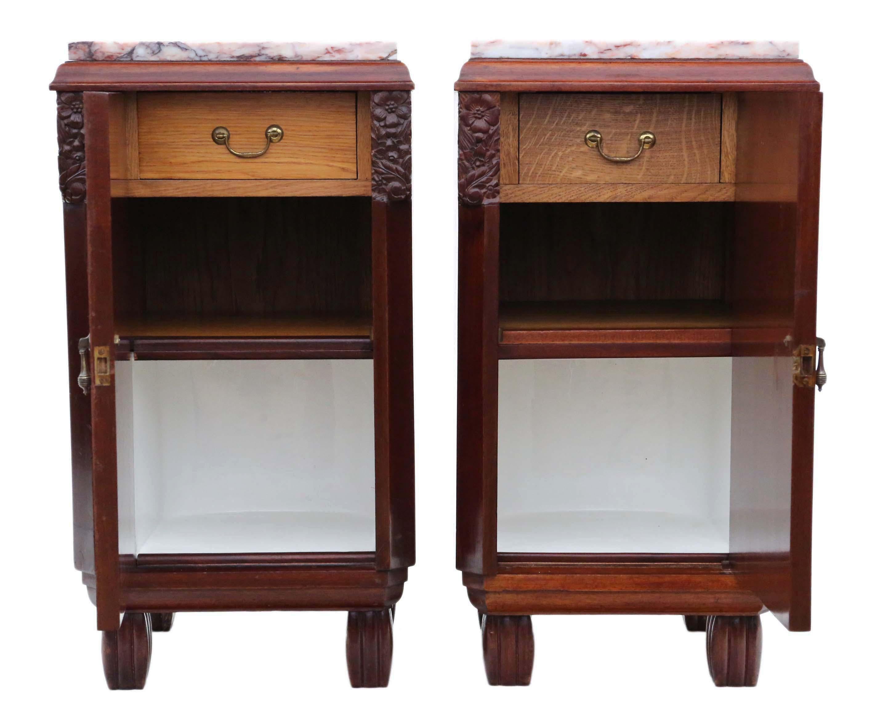 Early 20th Century Antique Pair of Art Deco Marquetry Bedside Tables Cupboards Marble