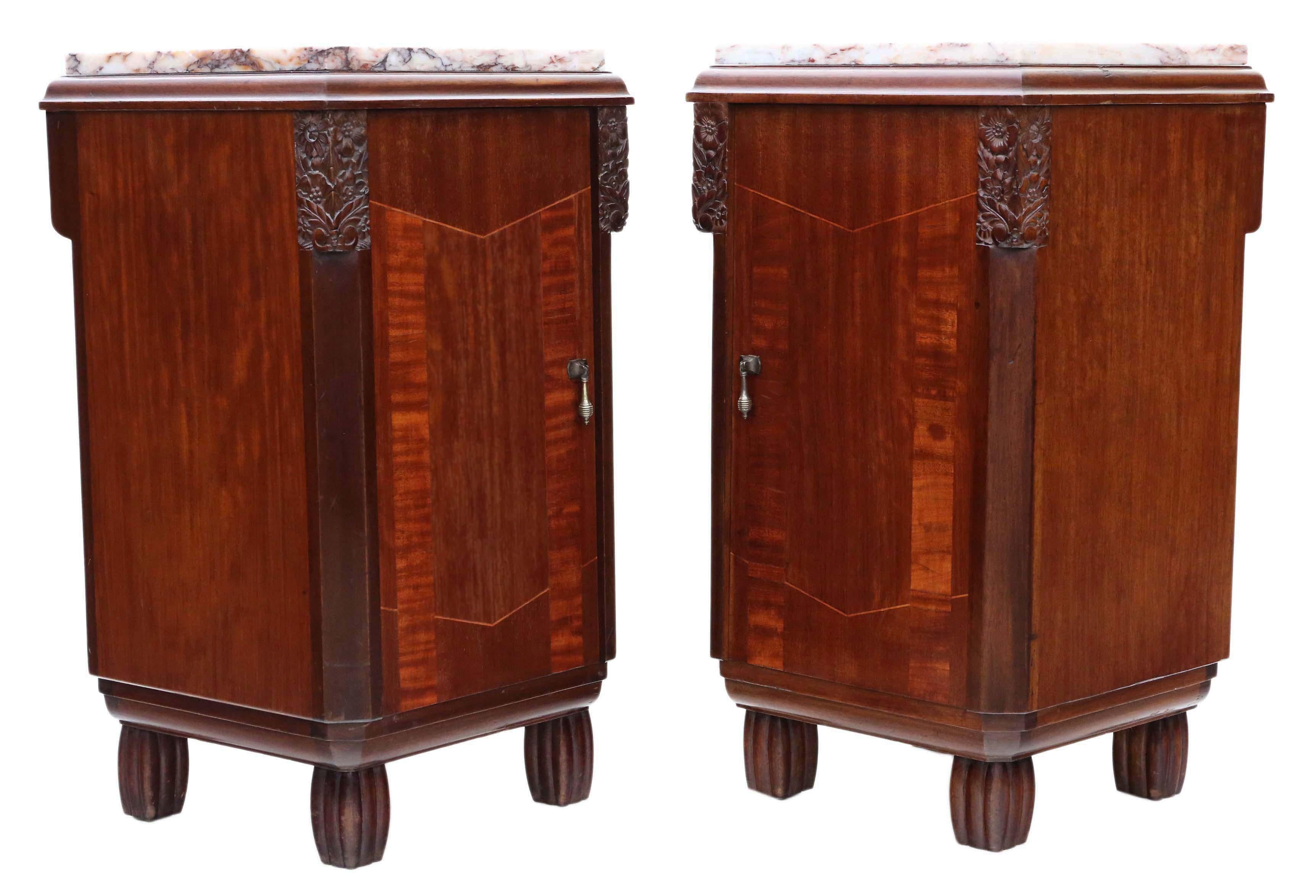 Antique Pair of Art Deco Marquetry Bedside Tables Cupboards Marble 3