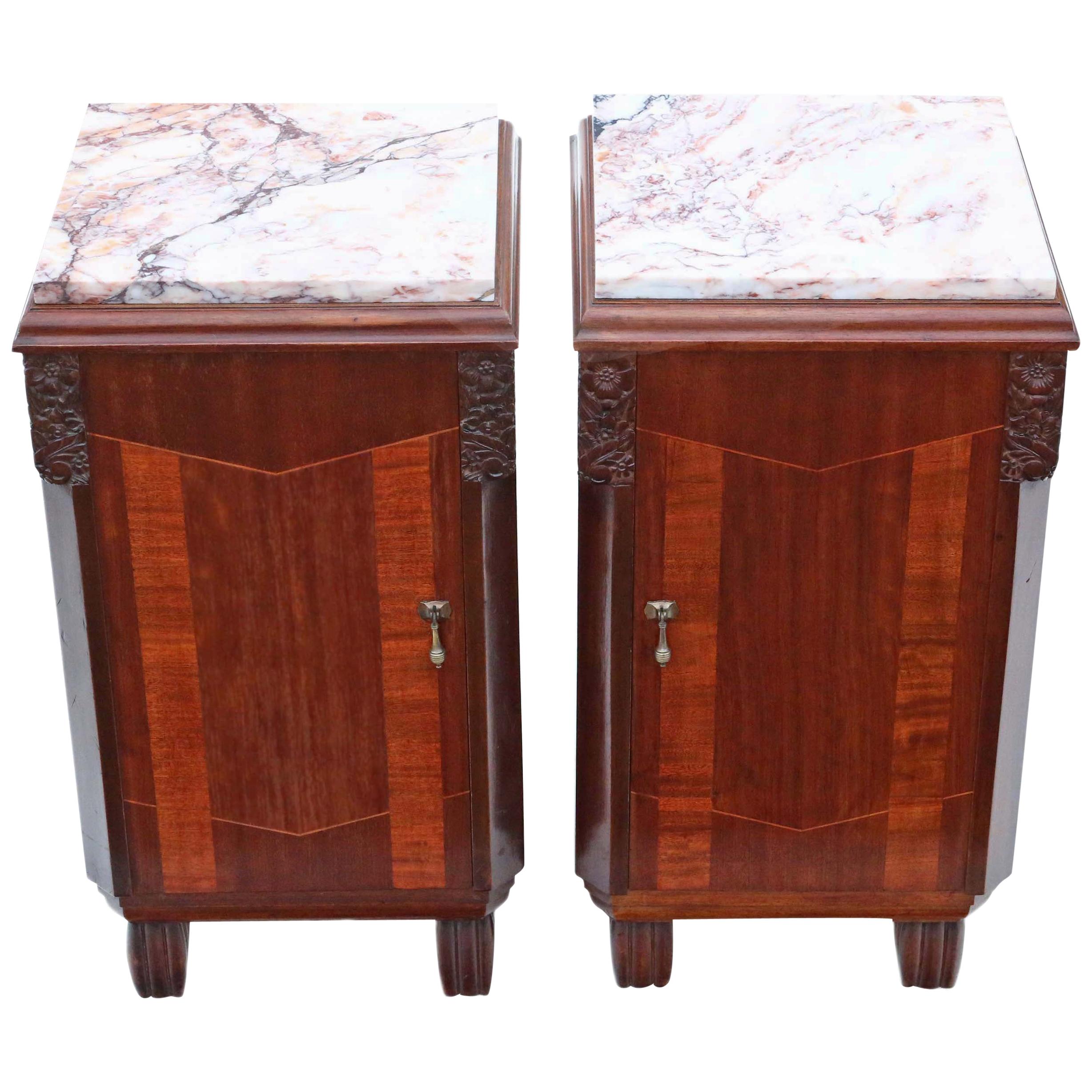 Antique Pair of Art Deco Marquetry Bedside Tables Cupboards Marble