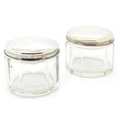 Antique Pair of Art Deco Sterling Silver Glass Jewellery Pots
