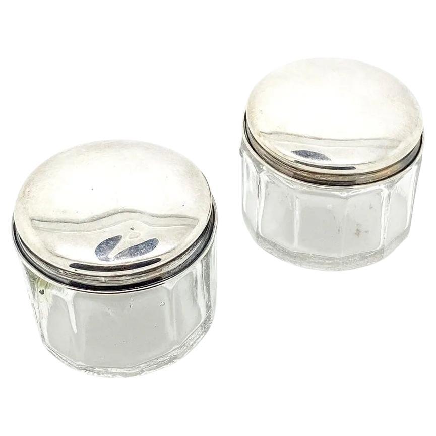 Antique Pair of Art Deco Sterling Silver Glass Jewellery Pots For Sale