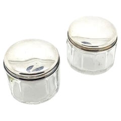 Antique Pair of Art Deco Sterling Silver Glass Jewellery Pots