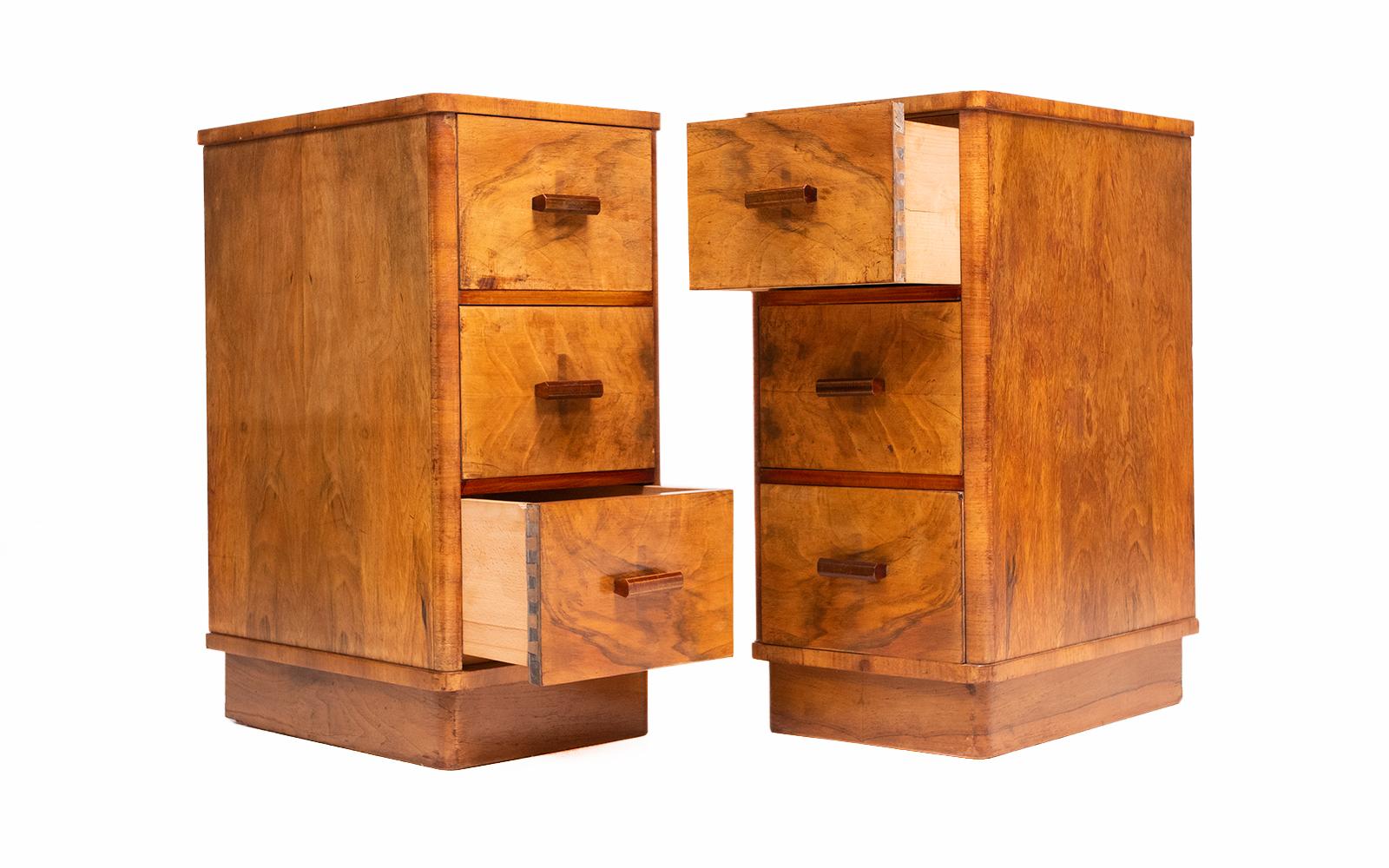 European Antique Pair of Art Deco Walnut Bedside Chests Tables