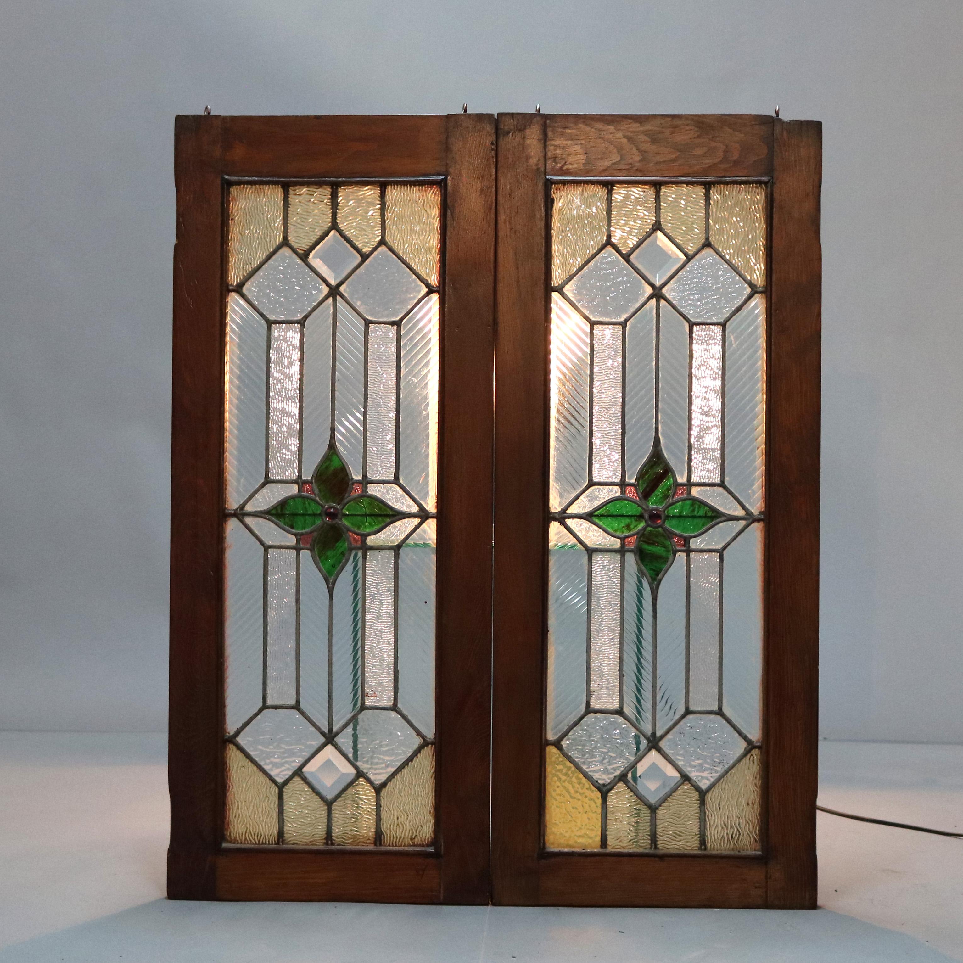 Antique Pair of Arts & Crafts Jeweled & Leaded Glass Windows, Circa 1900 3