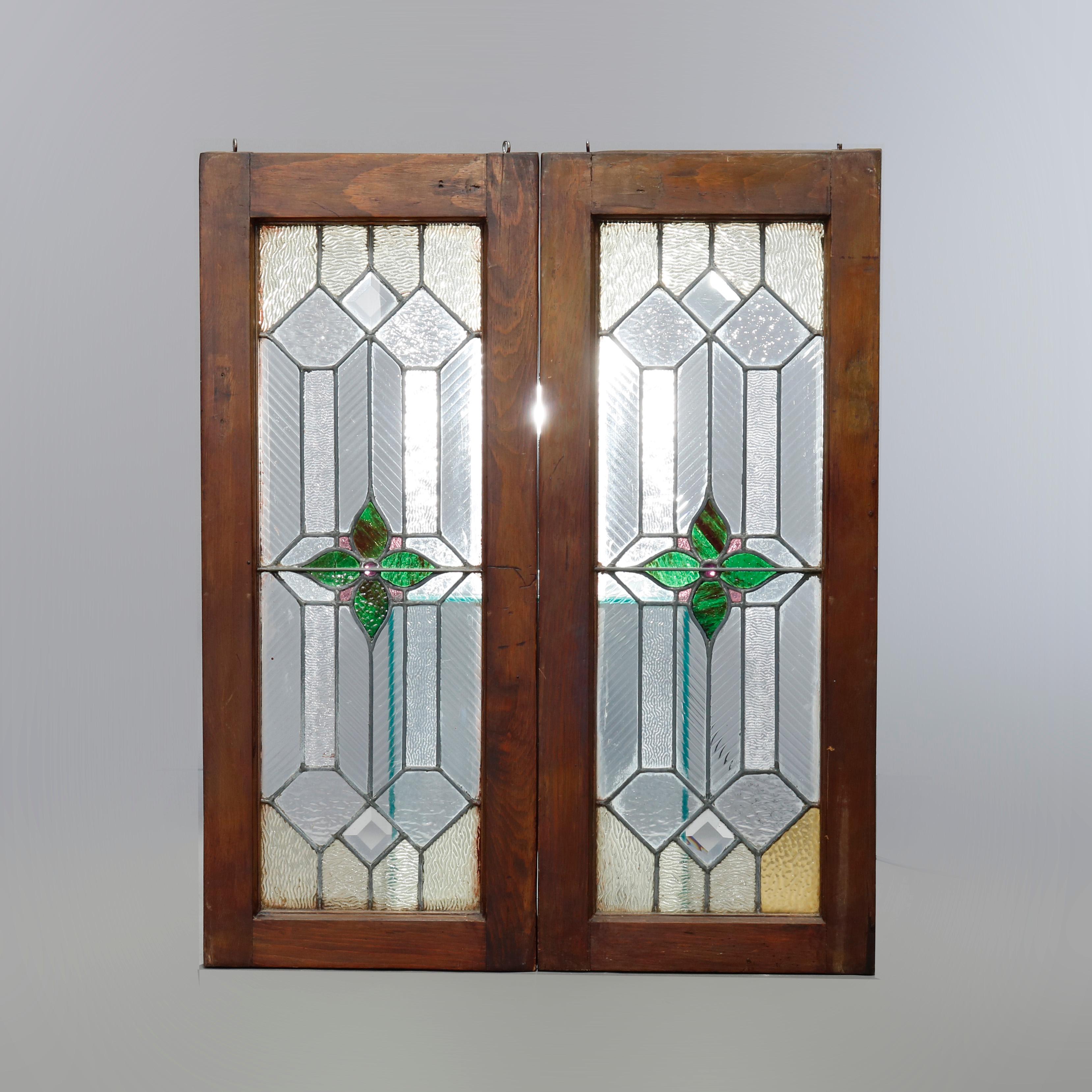 Antique Pair of Arts & Crafts Jeweled & Leaded Glass Windows, Circa 1900 2