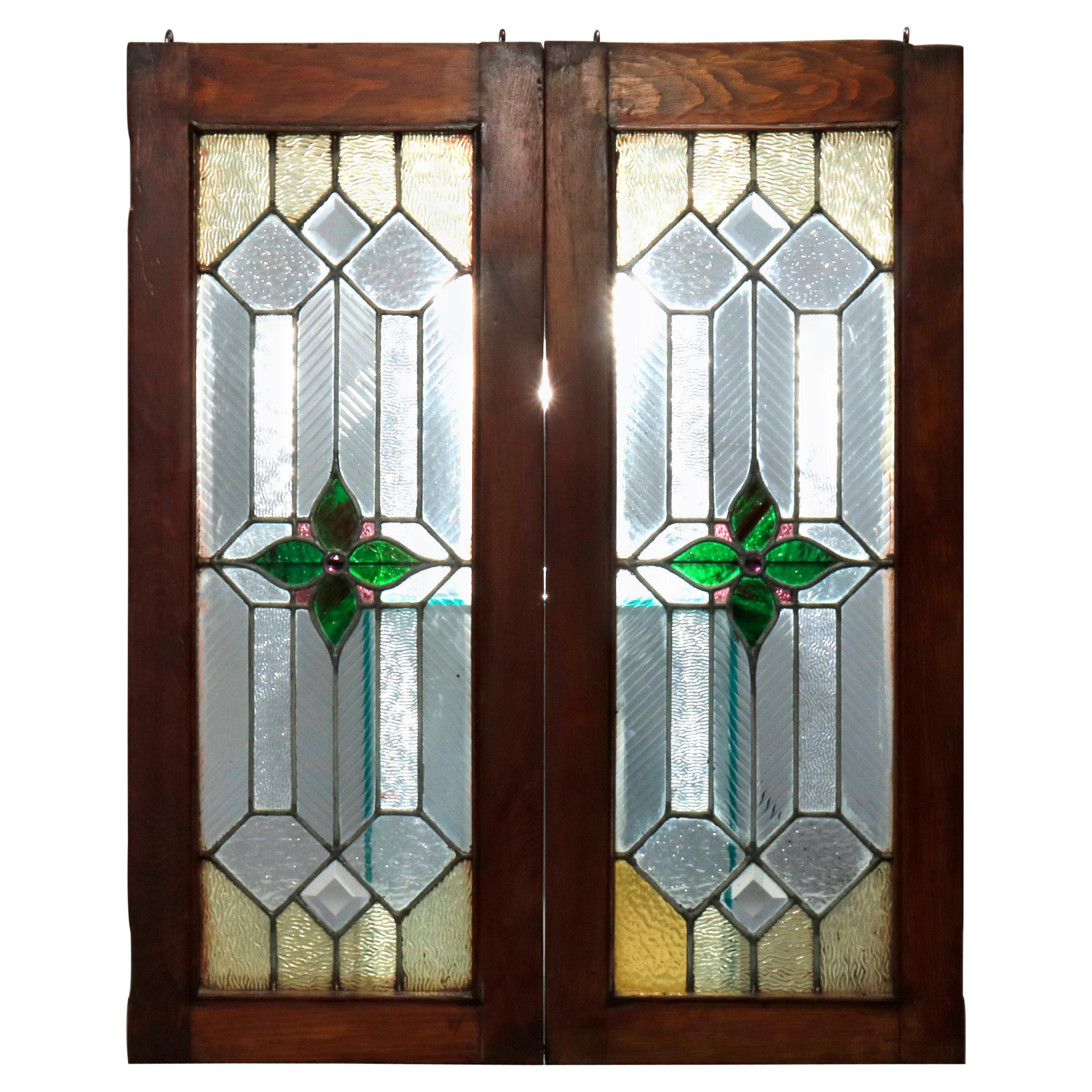 Antique Pair of Arts & Crafts Jeweled & Leaded Glass Windows, Circa 1900