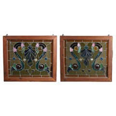 Antique Pair of Arts & Crafts Leaded, & Stained Glass Stylized Windows, c1920
