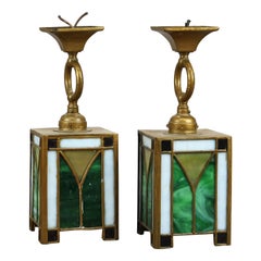 Antique Pair of Arts & Crafts Polychrome Leaded Glass Ceiling Lights Circa 1910