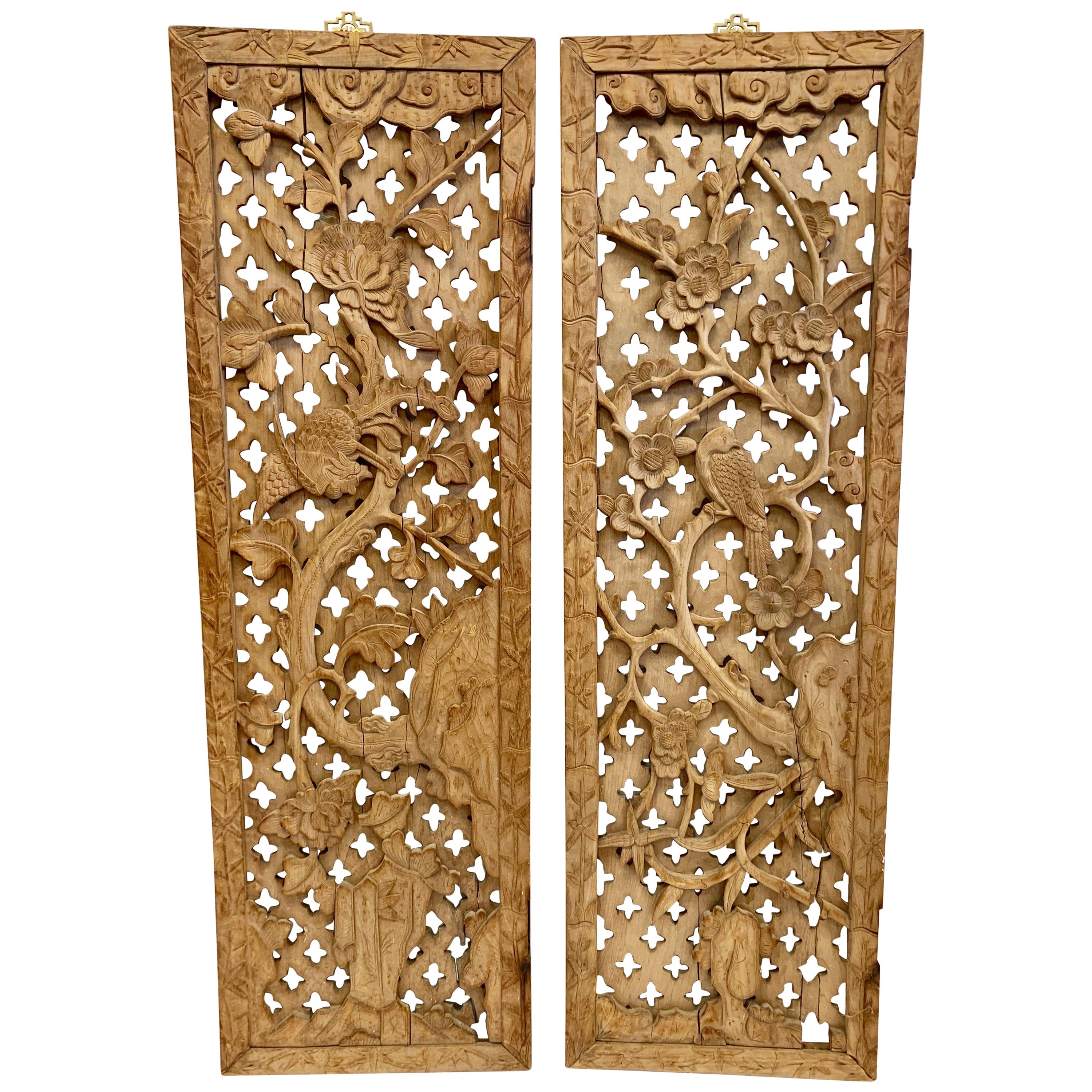 Antique Pair of Asian Carved Wood Panels Three Dimensional