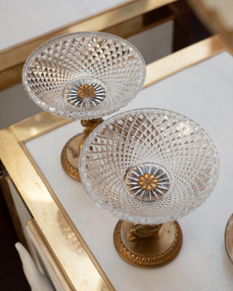 French Antique Pair of Baccarat Bronze Compotes with Cut Crystal Bowls For Sale