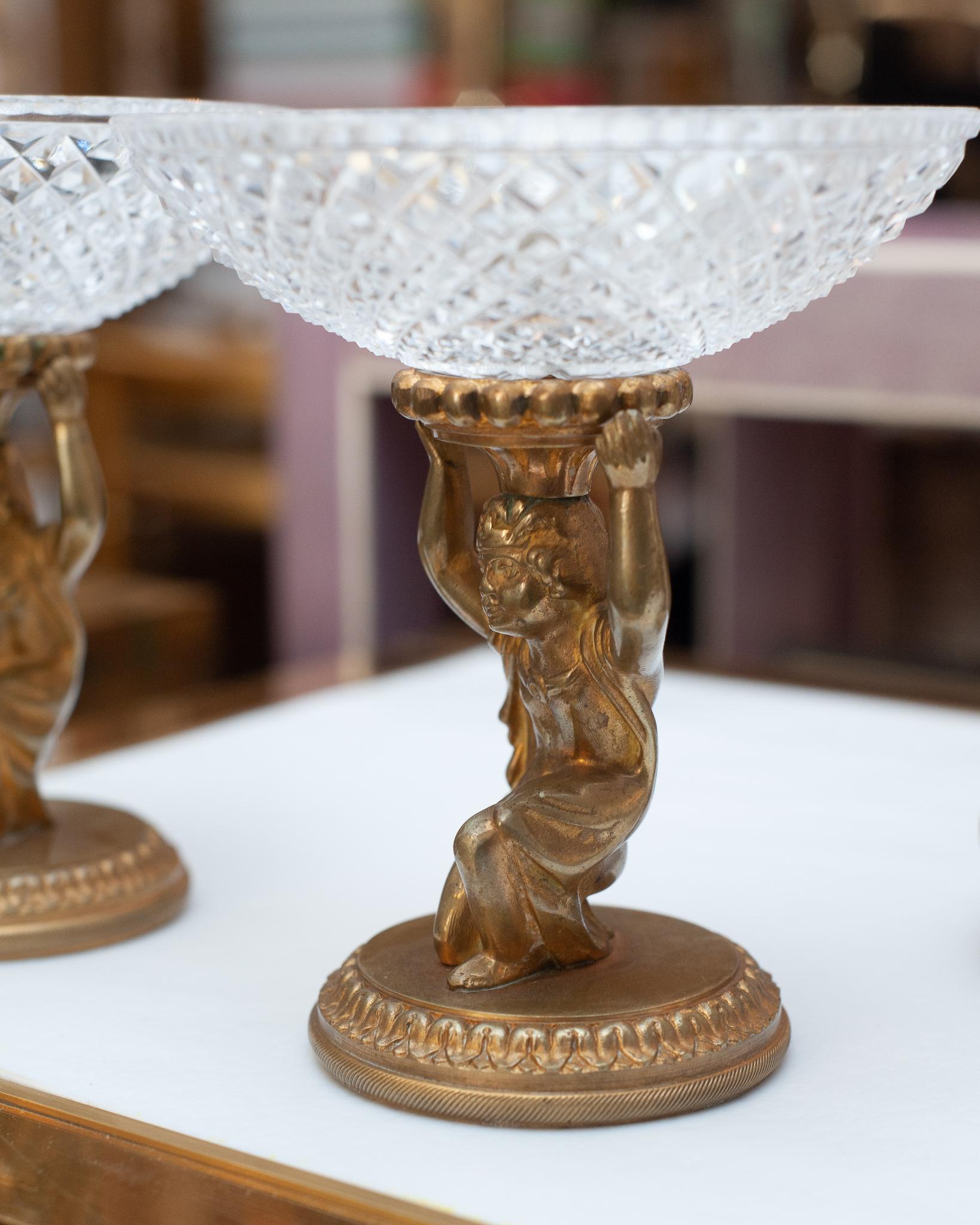 Antique Pair of Baccarat Bronze Compotes with Cut Crystal Bowls In Good Condition For Sale In Toronto, ON