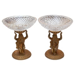 Antique Pair of Baccarat Bronze Compotes with Cut Crystal Bowls