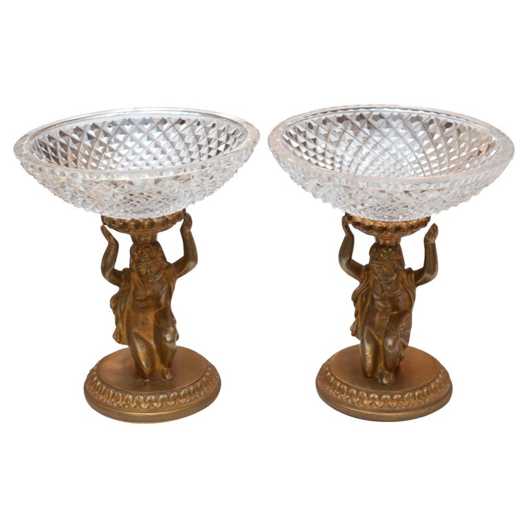 Antique Pair of Baccarat Bronze Compotes with Cut Crystal Bowls For