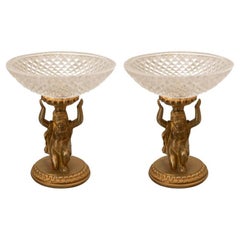 Antique Pair of Baccarat Cut Crystal and Bronze Compotes