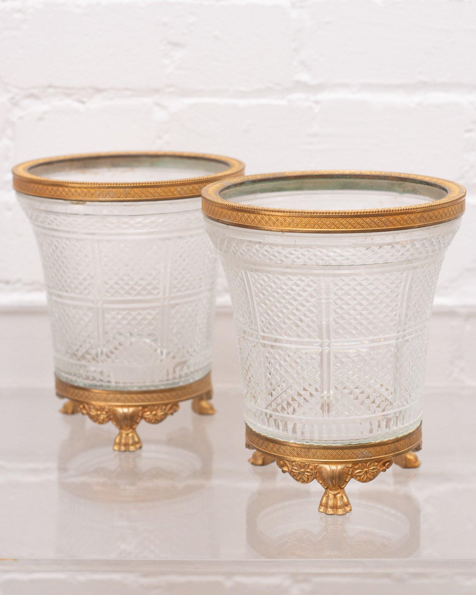 A stunning pair of antique Baccarat cut crystal and bronze vases, circa 1900. These exceptional works are in excellent condition for their age and unsigned, typical of turn-of-the-century Baccarat.