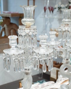 Antique Pair of Signed Baccarat Dolphin Clear Crystal Three Armed Candelabras