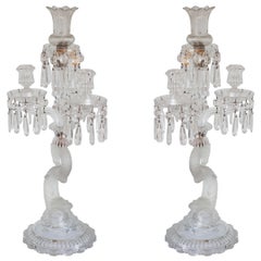 Antique Pair of Baccarat Dolphin Clear Crystal Four Candle Candelabras